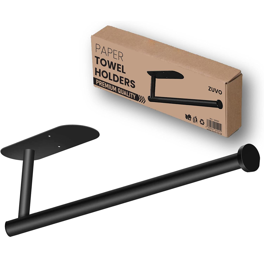 Zuvo Under Cabinet Paper Towel Holder Black – Adhesive or Screw Mount Steel