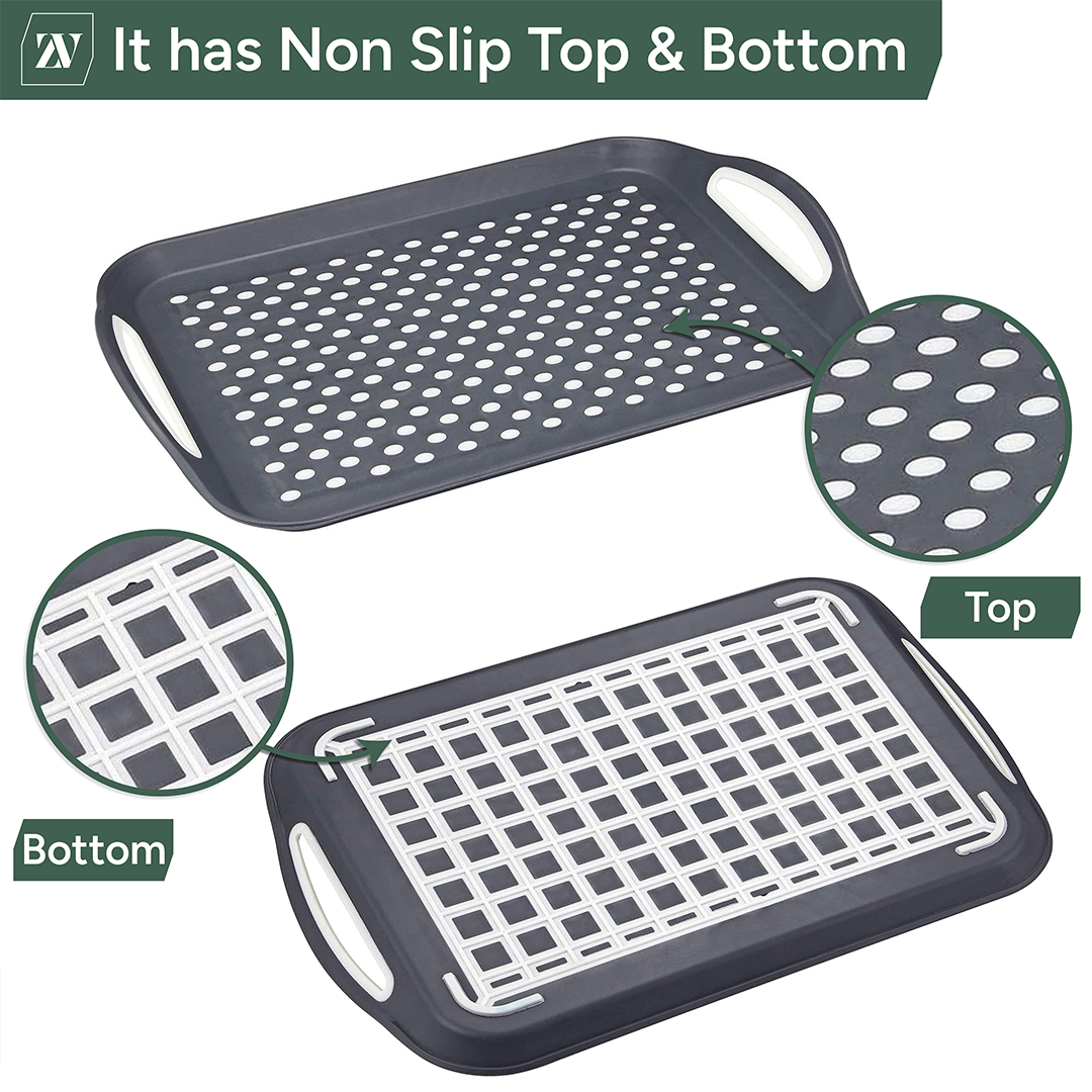 Zuvo Anti-Slip Serving Tray Set of 2 – BPA Free Plastic with Handles Grey
