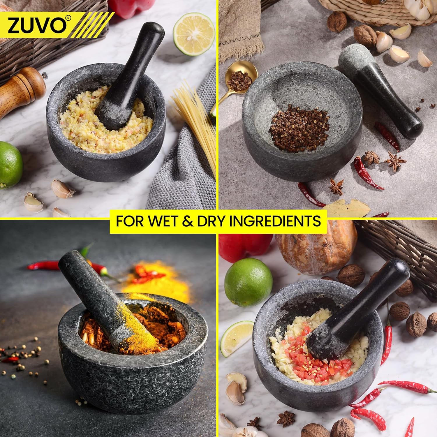 Zuvo Pestle and Mortar Set – Solid Natural Stone Durable Kitchen Grinder