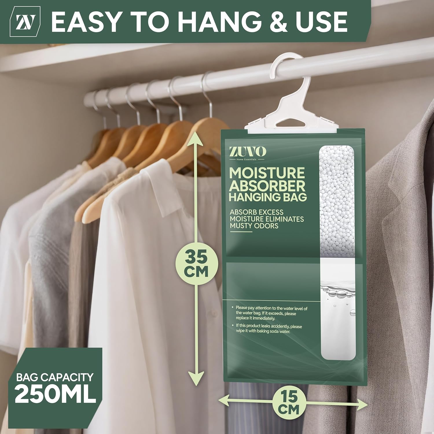 Zuvo Wardrobe Dehumidifier Hanging Bags 6 Pack Moisture Absorber