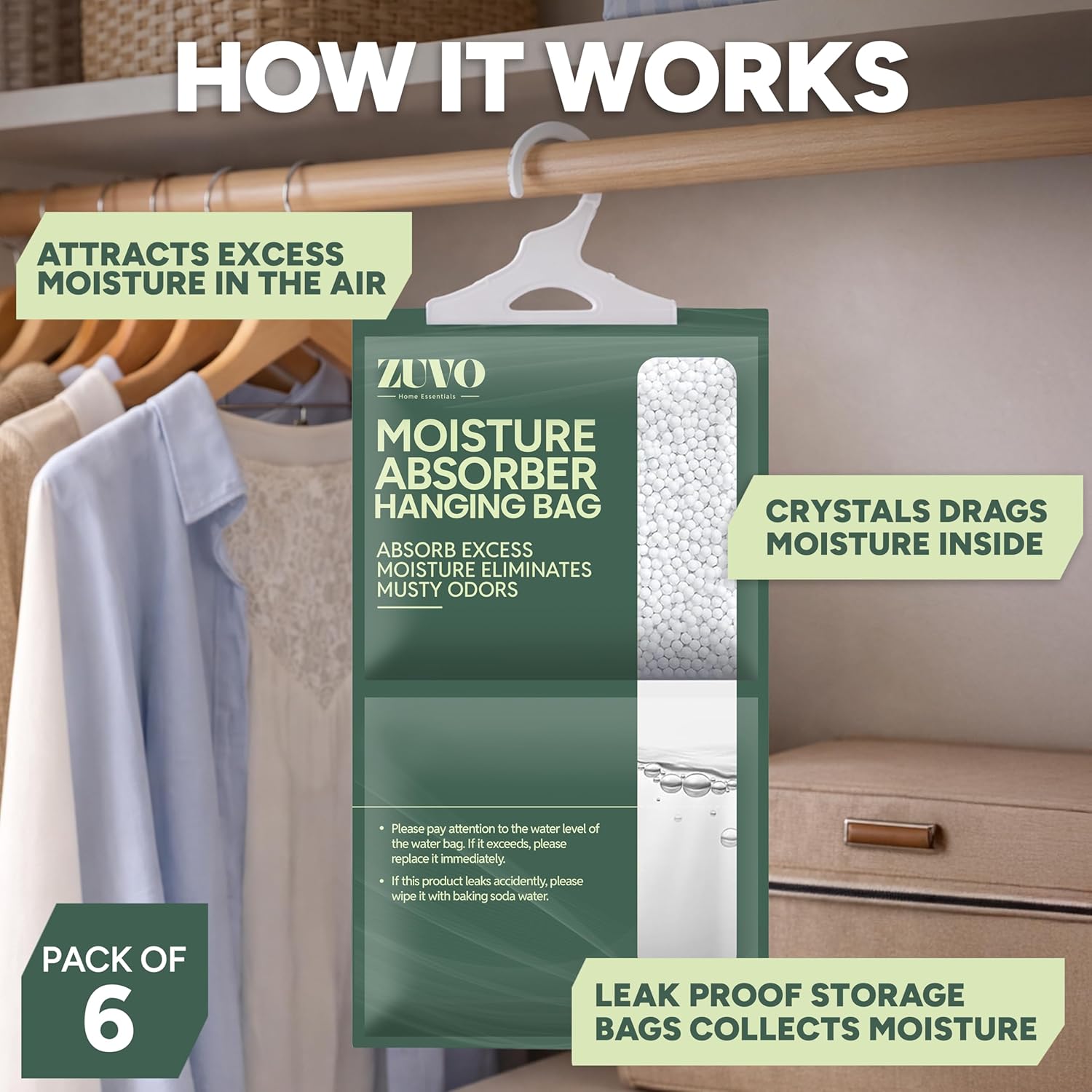 Zuvo Wardrobe Dehumidifier Hanging Bags 6 Pack Moisture Absorber