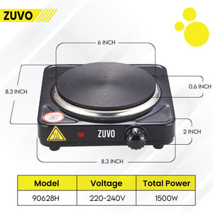 1500W Single Hot Plate - Black Ring Stove Hob - Portable & with Adjustable Thermostat - Cast Iron Heating Plate - Best for Cooking - Zuvo