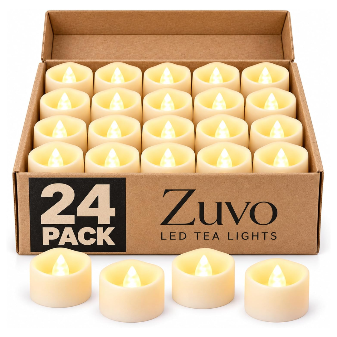 Battery Tea Light Candles 24 Pack Warm White Flickering LED Flameless