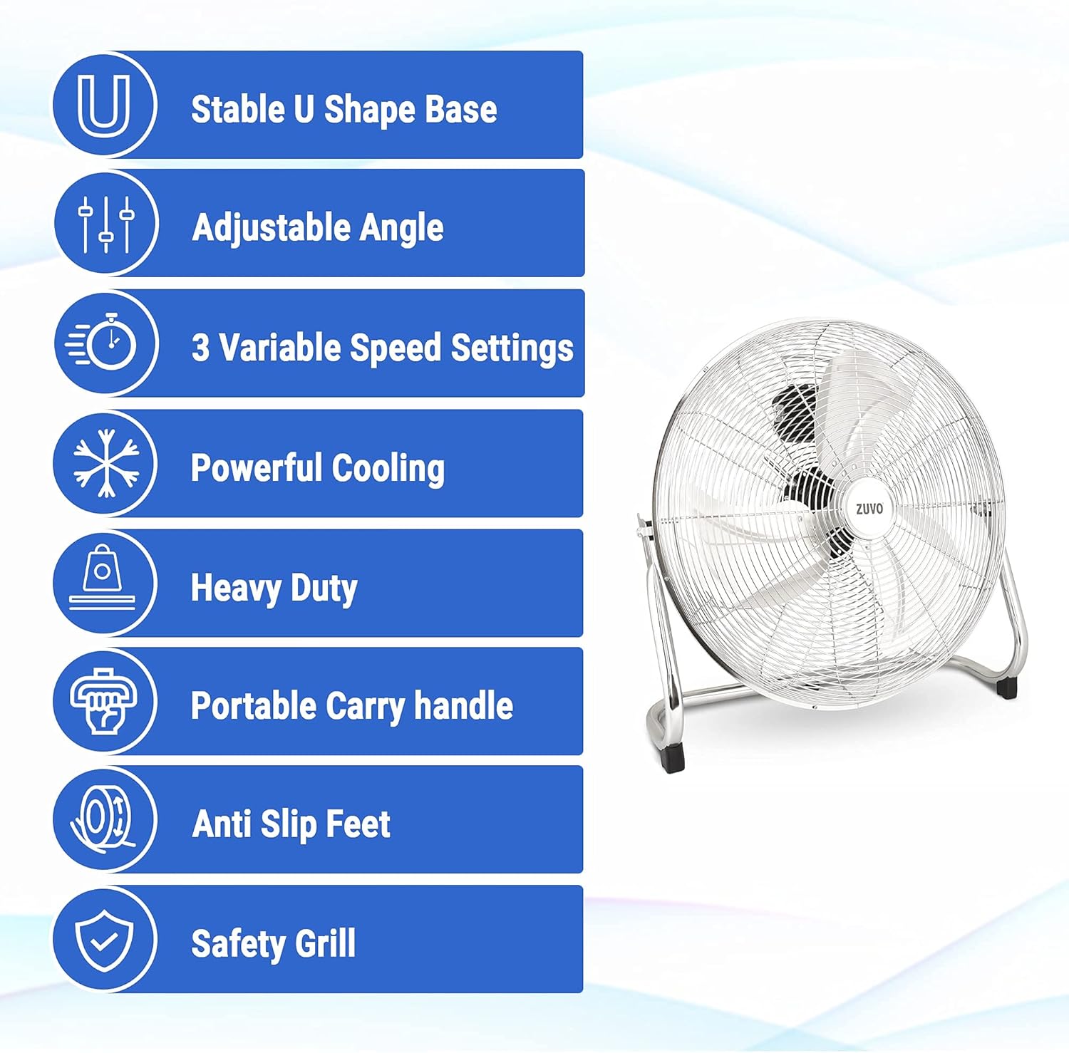 Zuvo 20in High Velocity Floor Fan 3 Speed Heavy Duty Metal Chrome