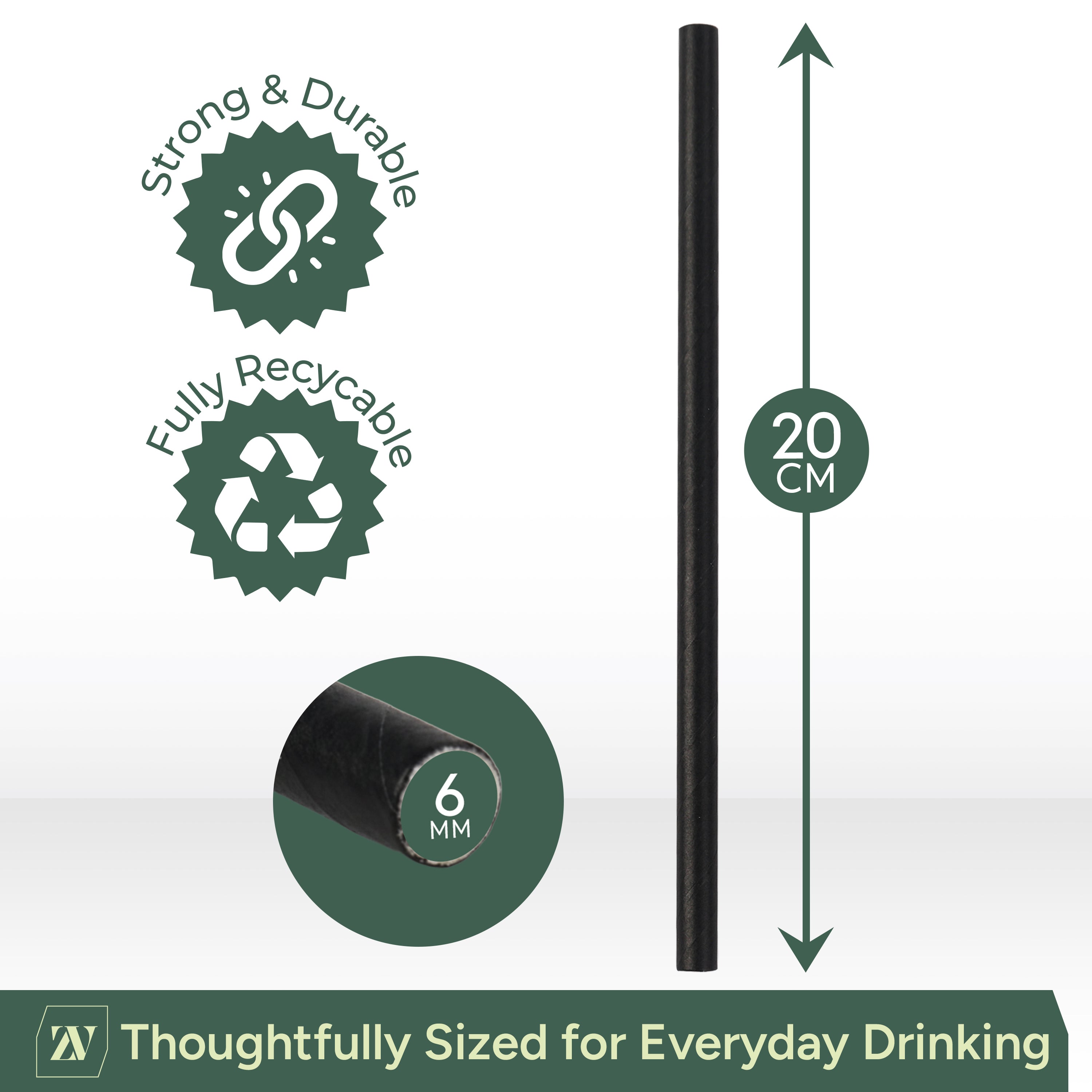Zuvo Black Paper Straws 250 Pack Eco-Friendly Disposable Cocktail Straws