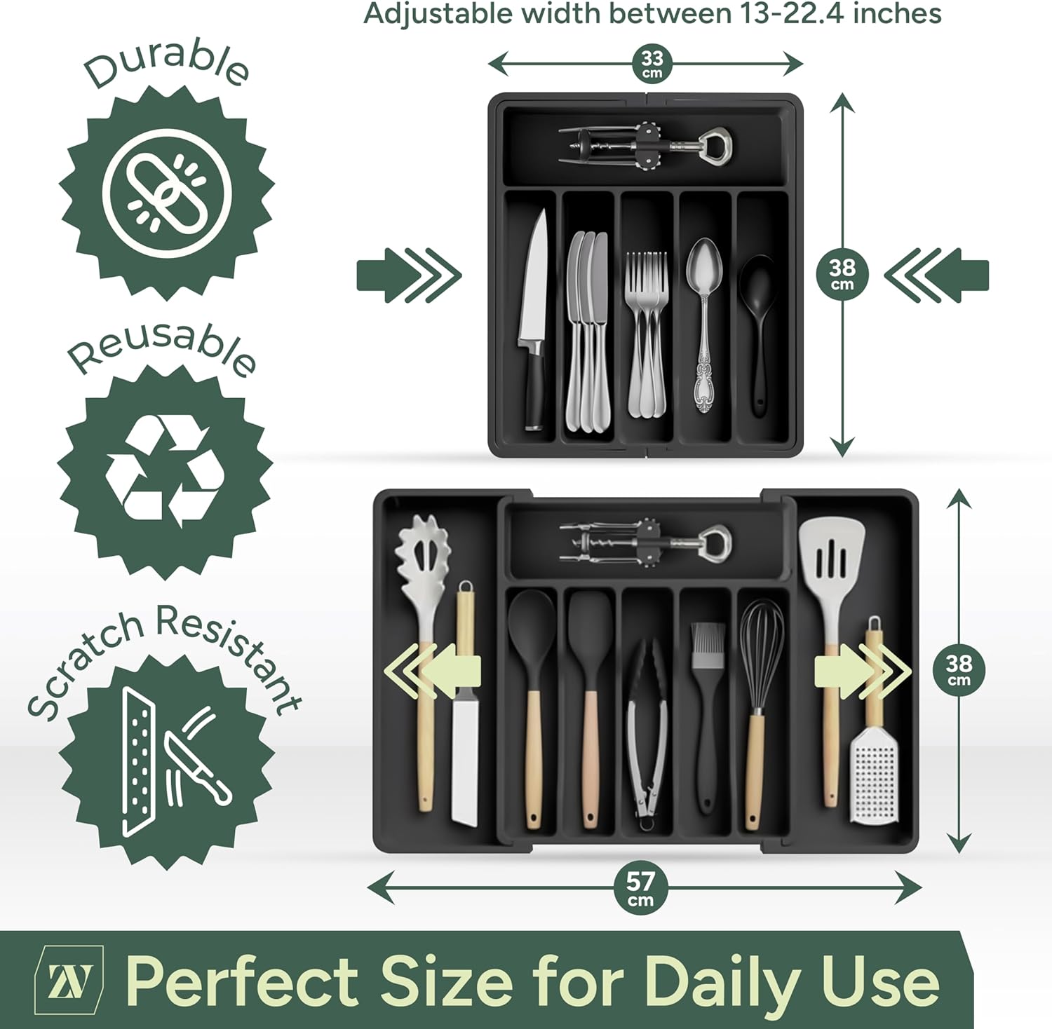 Zuvo Expandable Cutlery Organiser Large Black Plastic Tray for Kitchen