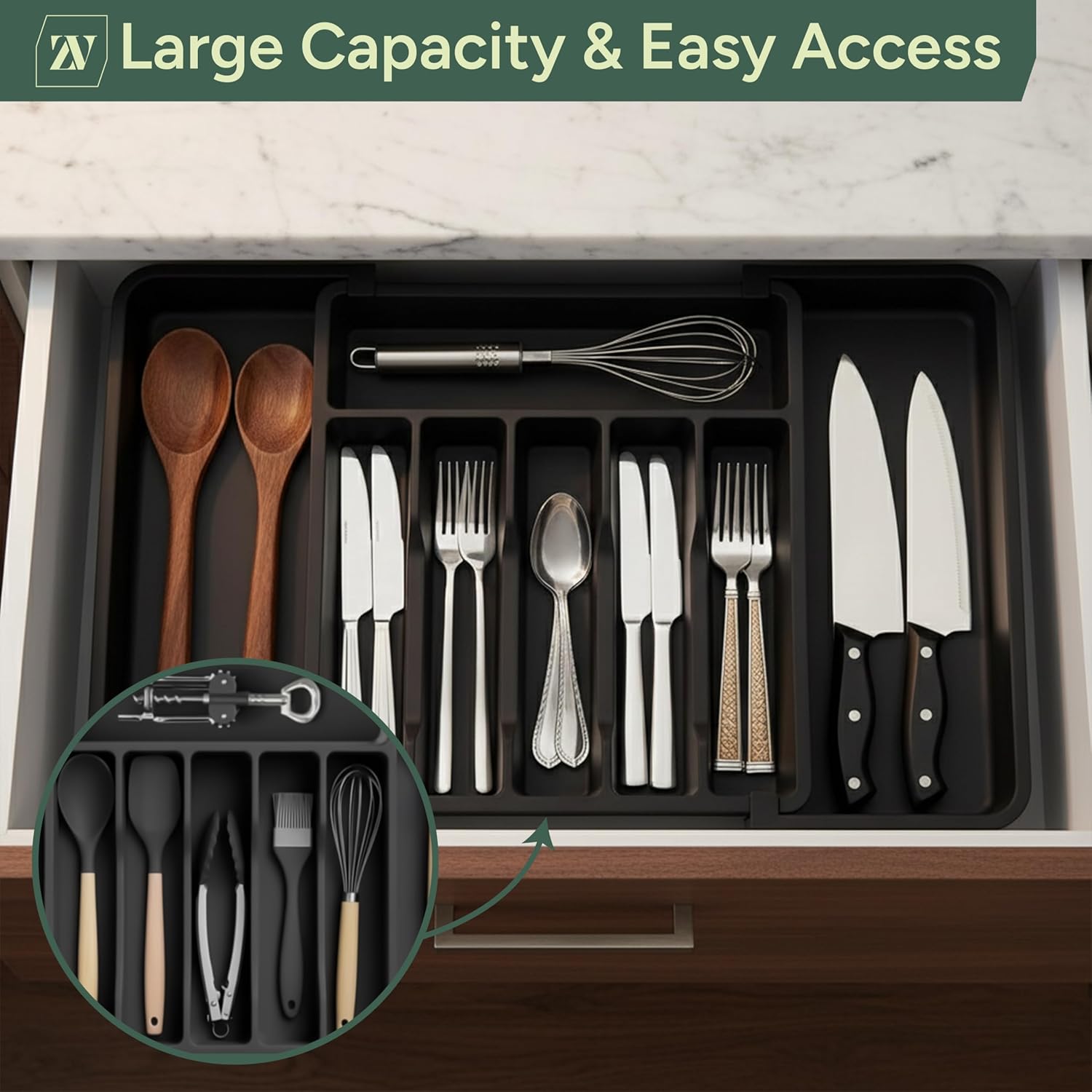 Zuvo Expandable Cutlery Organiser Large Black Plastic Tray for Kitchen