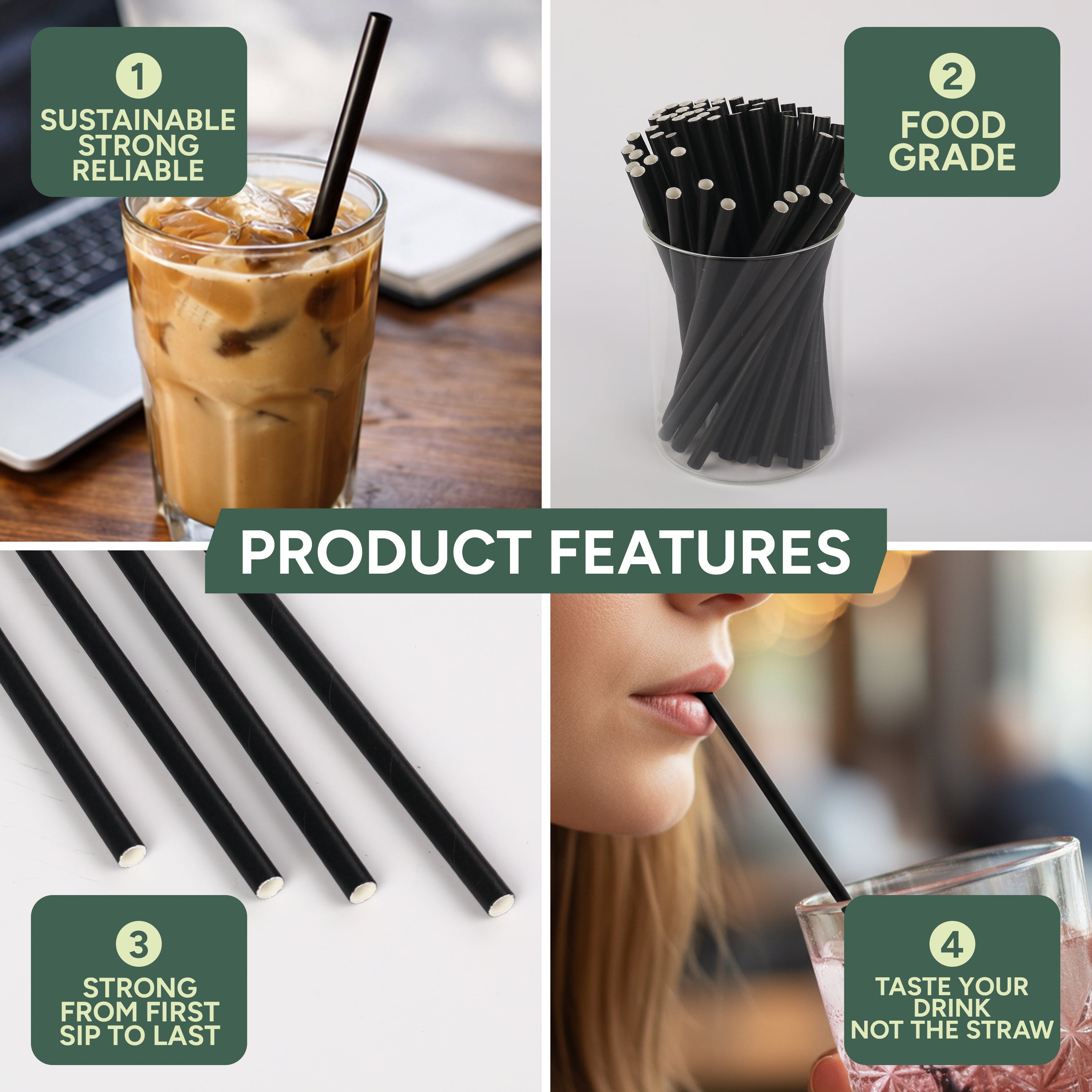 Zuvo Black Paper Straws 250 Pack Eco-Friendly Disposable Cocktail Straws