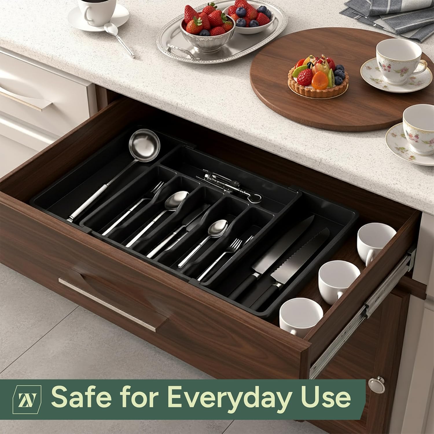 Zuvo Expandable Cutlery Organiser Large Black Plastic Tray for Kitchen