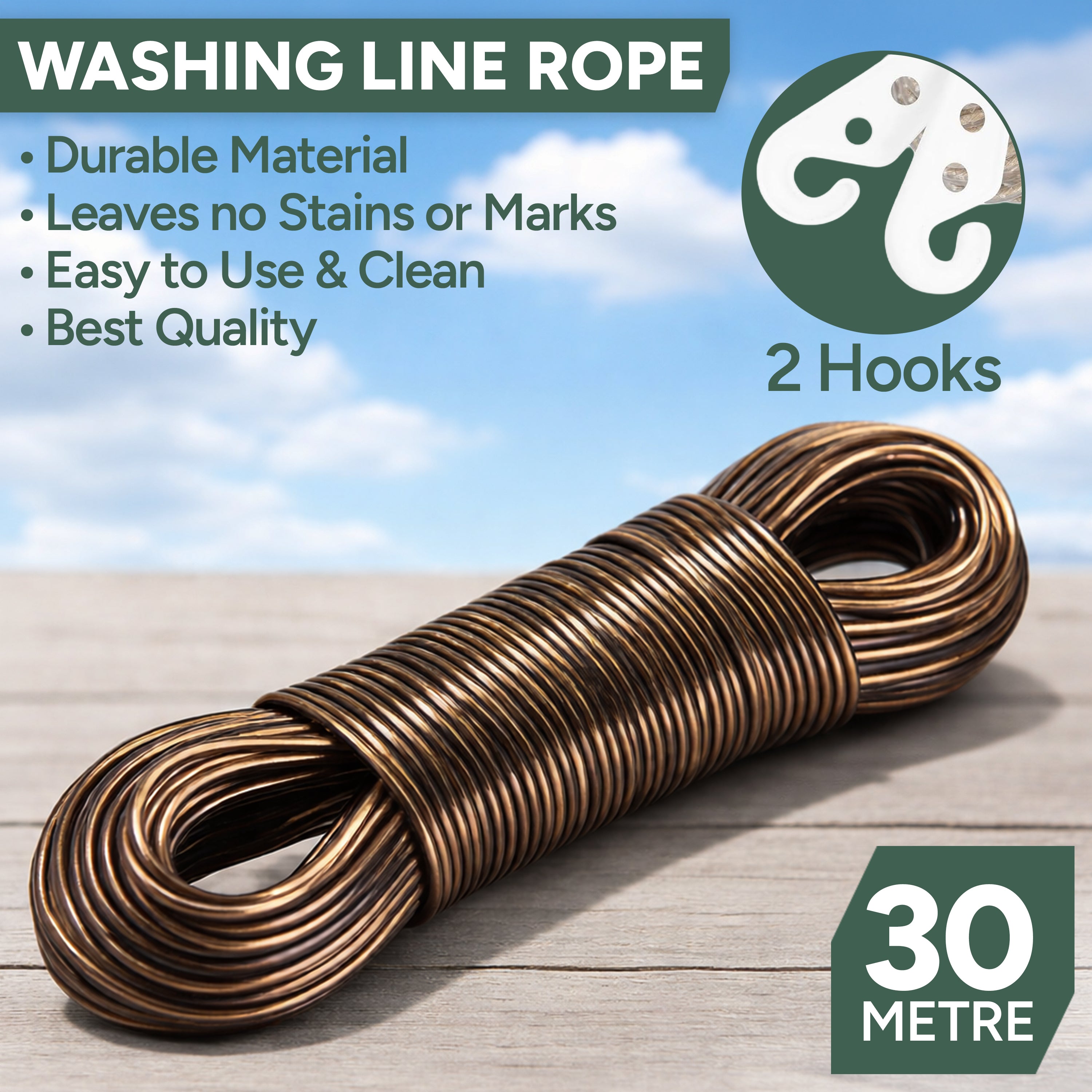 Zuvo 30m Outdoor Washing Line Heavy Duty Polyester Clothes Line Rope