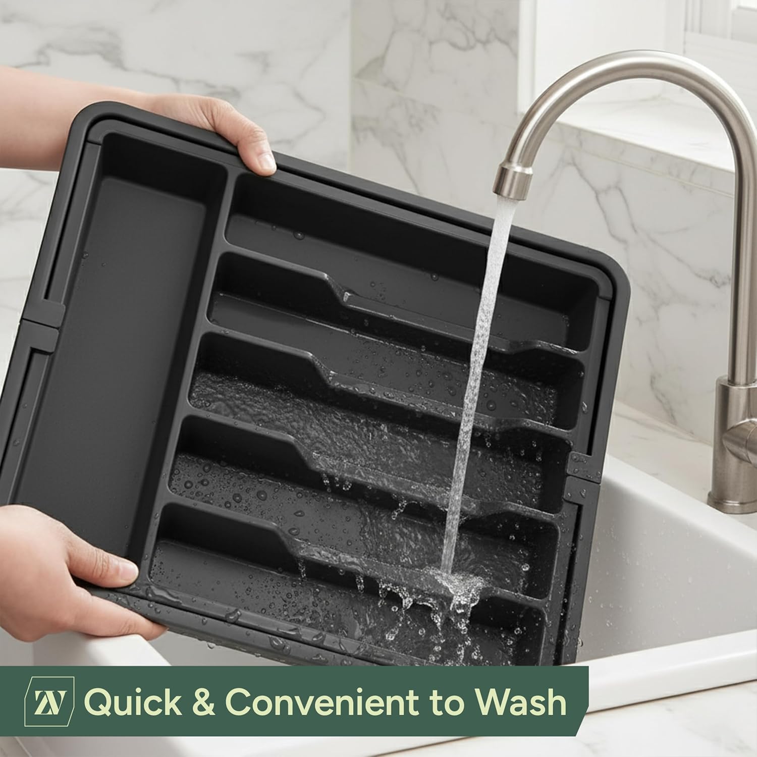 Zuvo Expandable Cutlery Organiser Large Black Plastic Tray for Kitchen