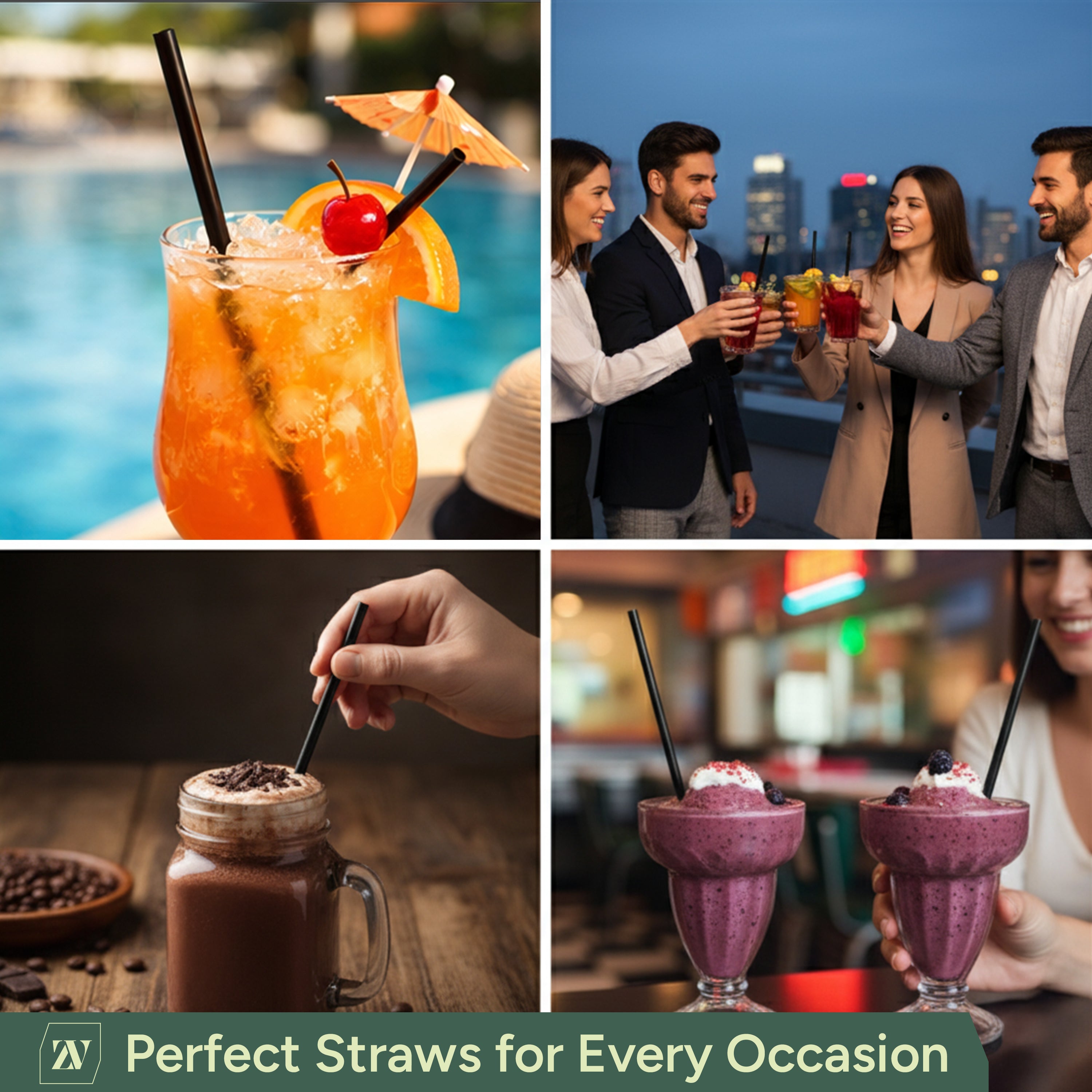 Zuvo Black Paper Straws 250 Pack Eco-Friendly Disposable Cocktail Straws