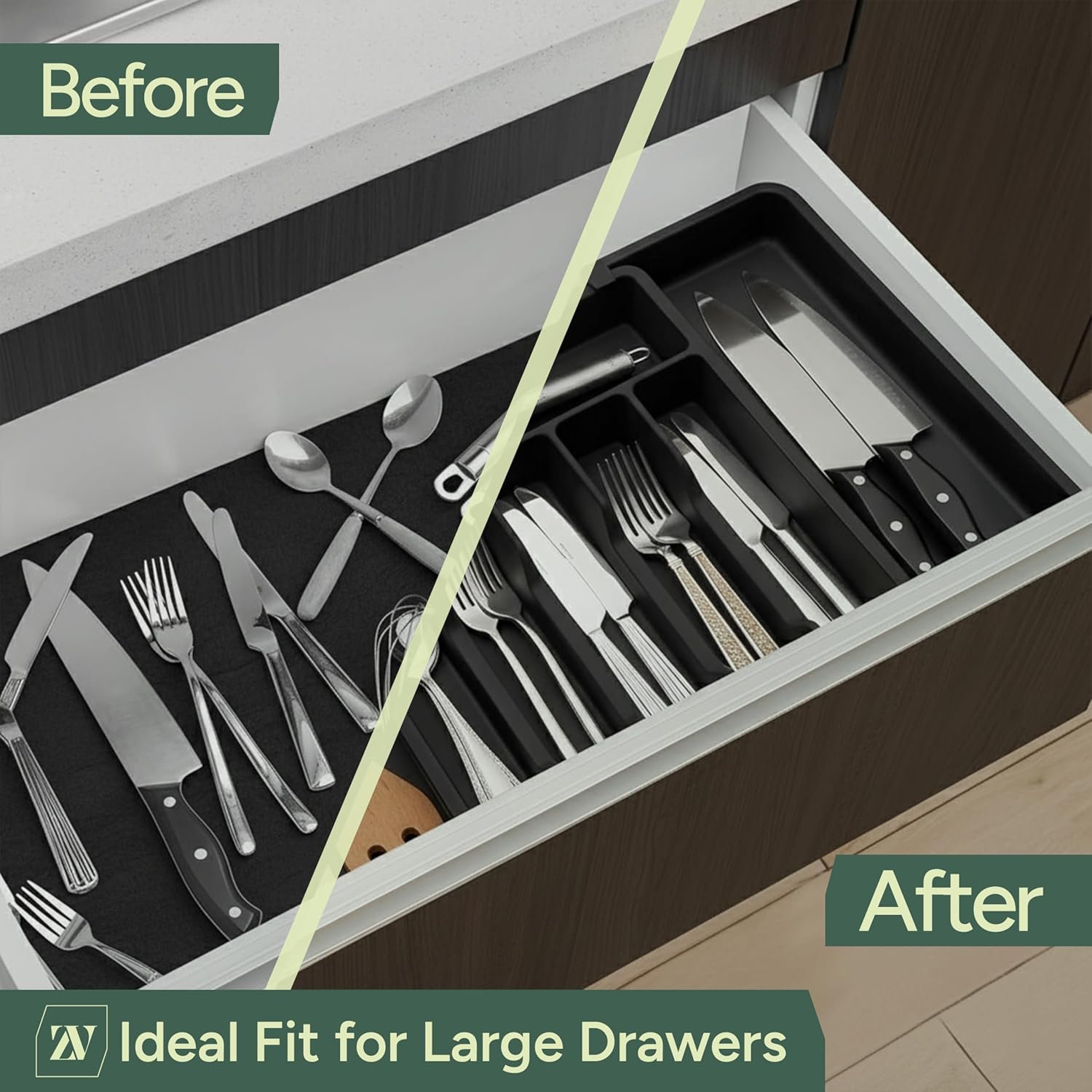 Zuvo Expandable Cutlery Organiser Large Black Plastic Tray for Kitchen