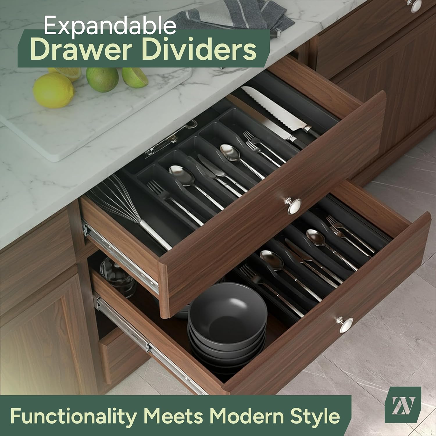 Zuvo Expandable Cutlery Organiser Large Black Plastic Tray for Kitchen