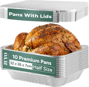 Zuvo | 10 x Large Foil Trays with Lids 32x26x7cm | Heavy-Duty Oven & BBQ Pans