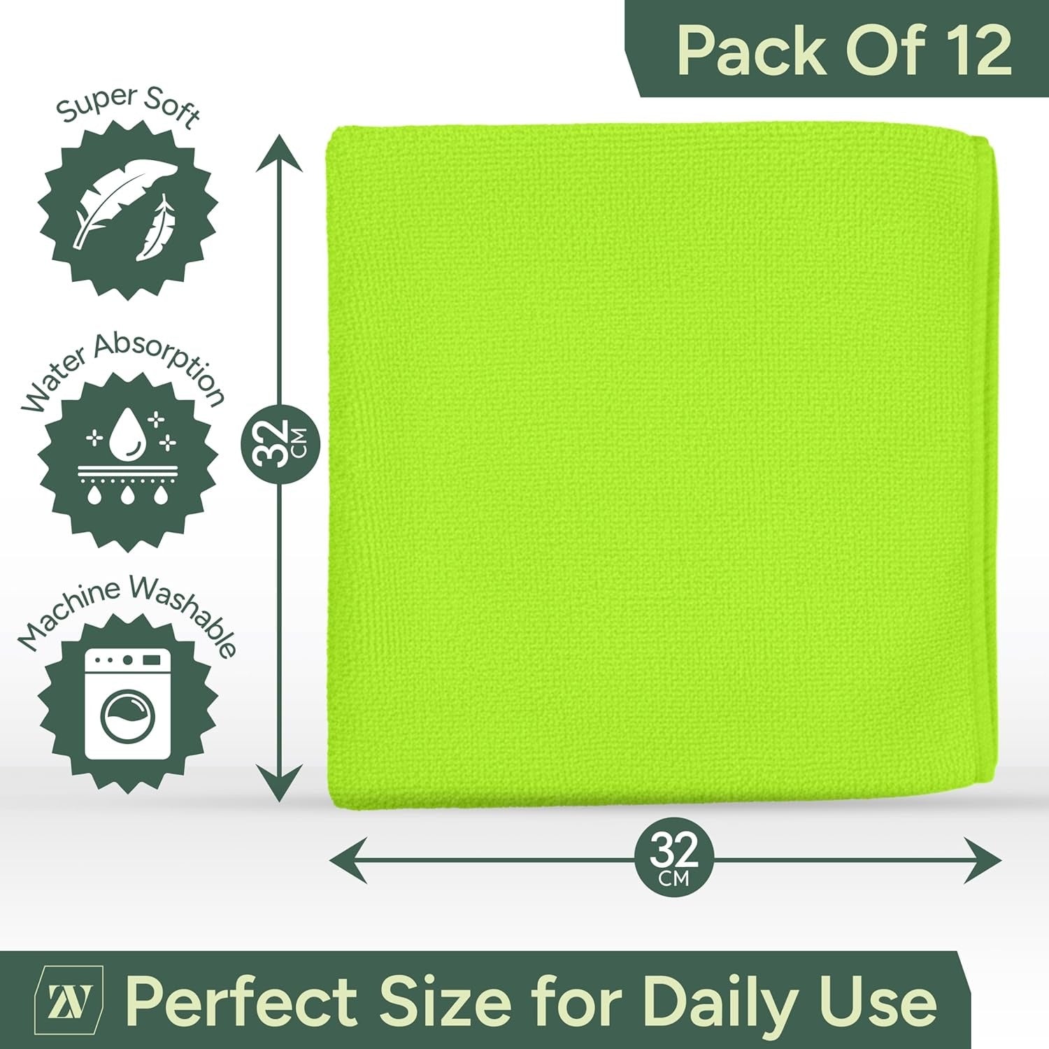 Zuvo Microfibre Cloth Pack of 12 Green 32x32cm