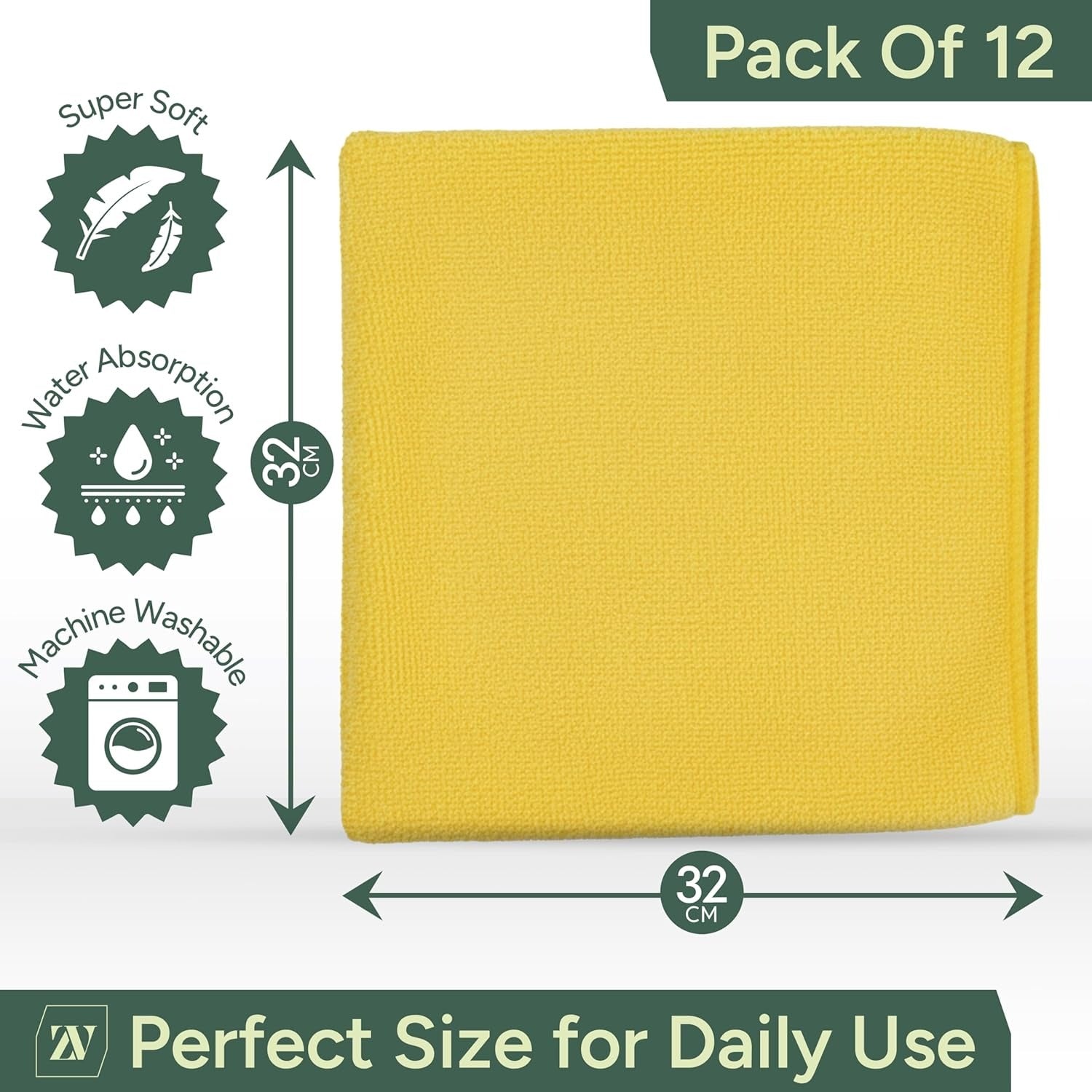 Zuvo Microfibre Cloths 12 Pack 32x32cm Yellow Lint Free Cleaning Rags