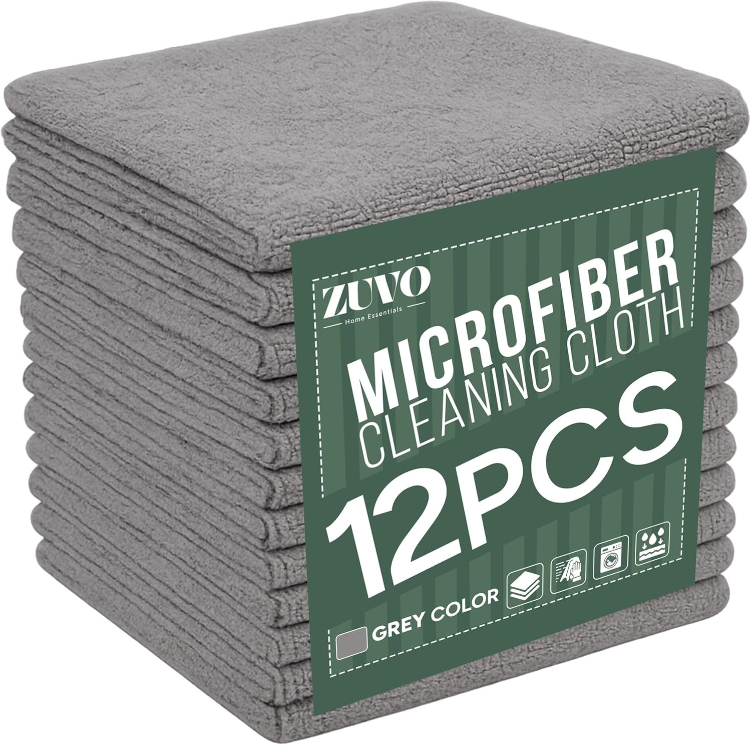 Zuvo Microfibre Cloths 12 Pack 32x32cm Grey Lint Free Cleaning Rags