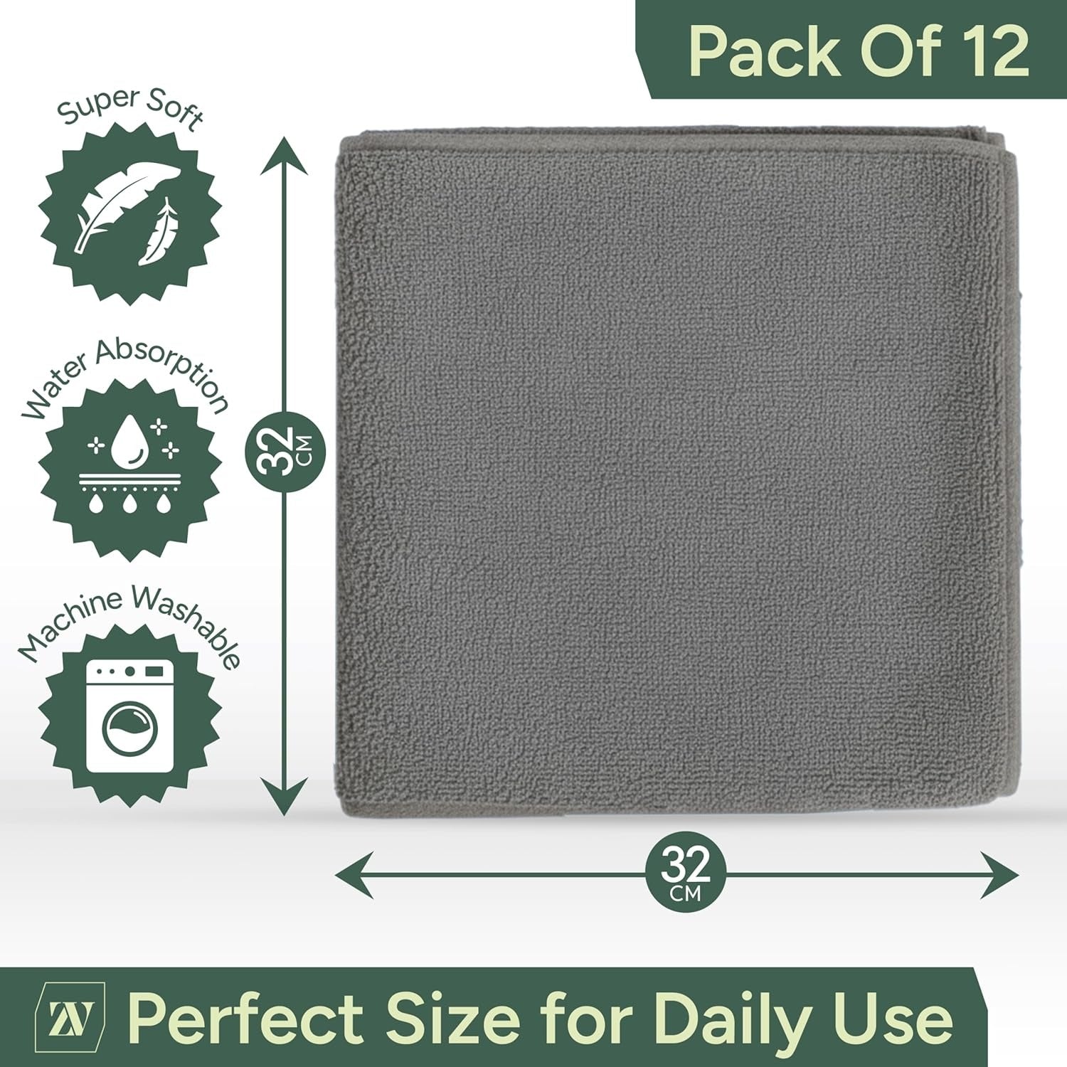 Zuvo Microfibre Cloths 12 Pack 32x32cm Grey Lint Free Cleaning Rags
