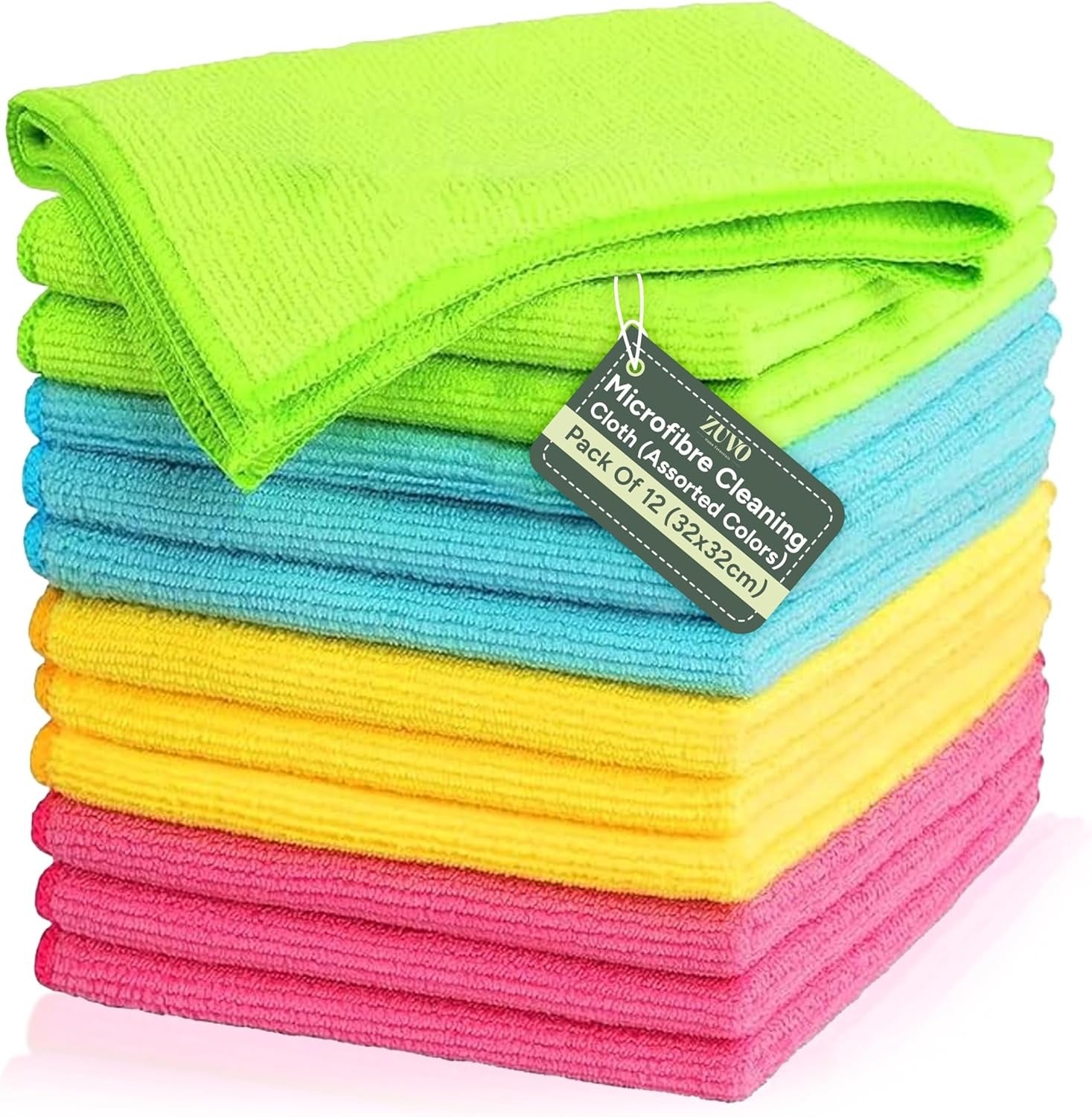 Zuvo Microfibre Cloths 12 Pack 32x32cm Lint Free Multi Colour Cleaning
