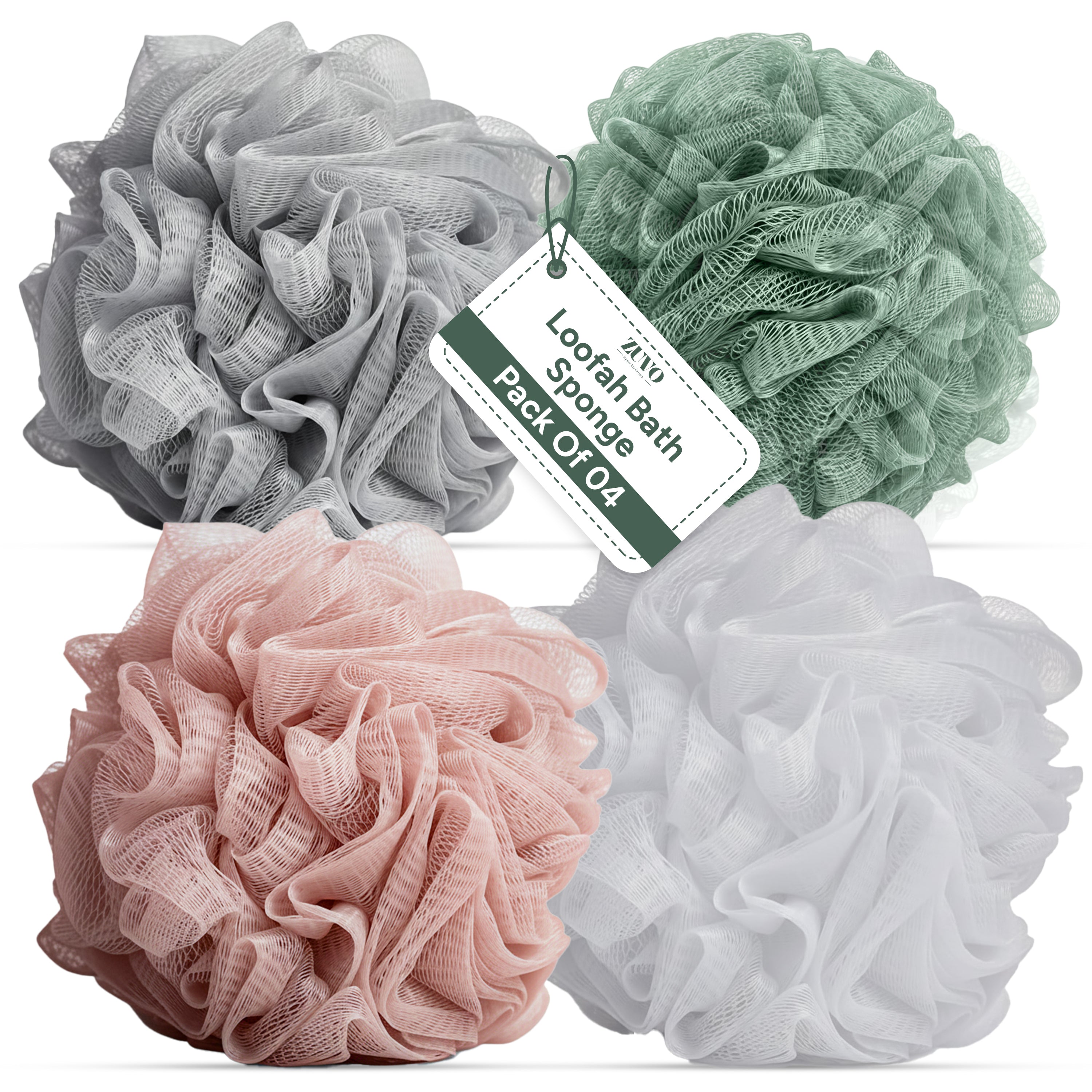 Zuvo Loofah Bath Sponge 4-Pack Soft, Durable Shower Puffs