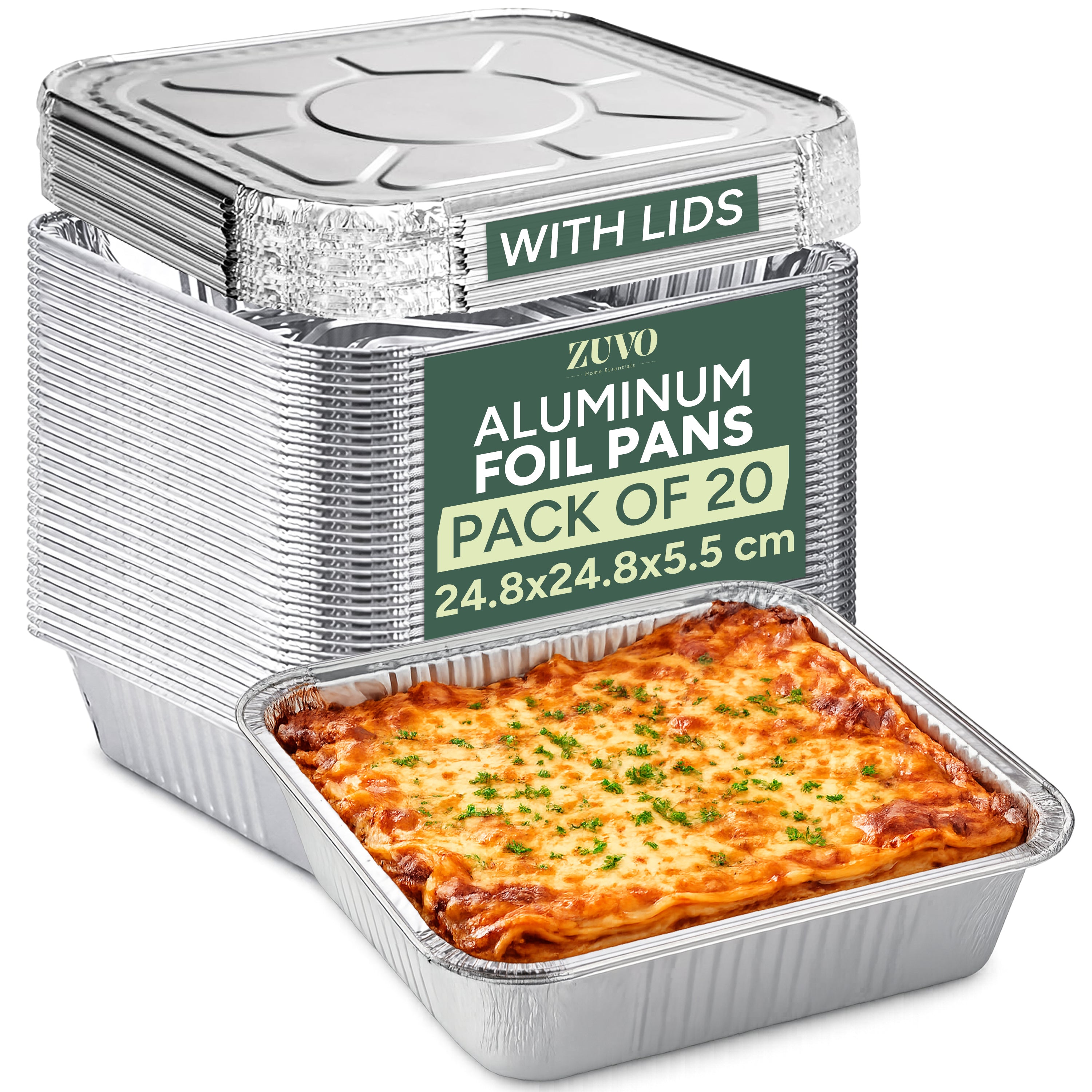 Zuvo 20 Pack Deep Aluminium Foil Trays with Paper Lids 24.8x24.8x5.5 cm