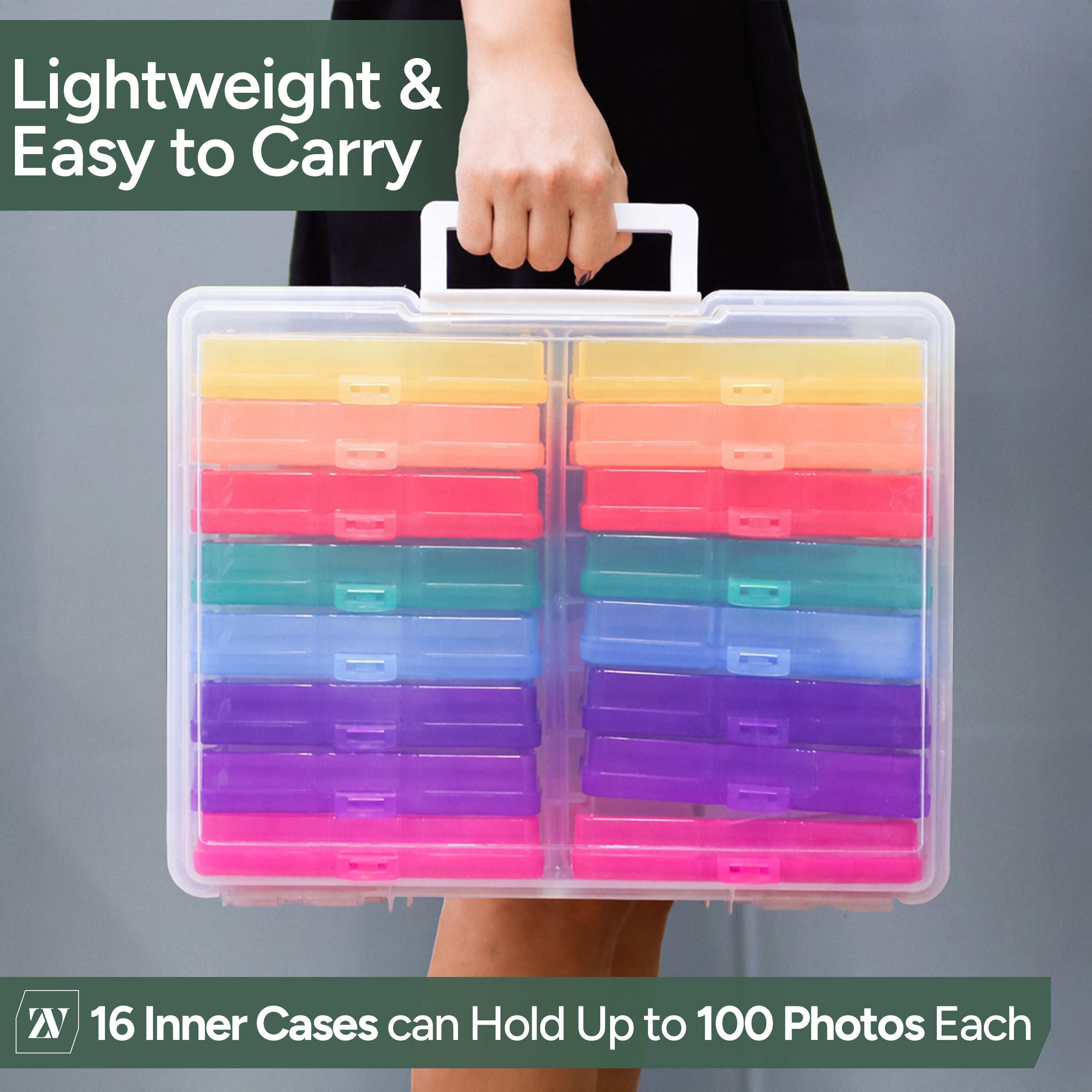 Zuvo Photo Storage Box with 16 Coloured Cases and Removable Dividers