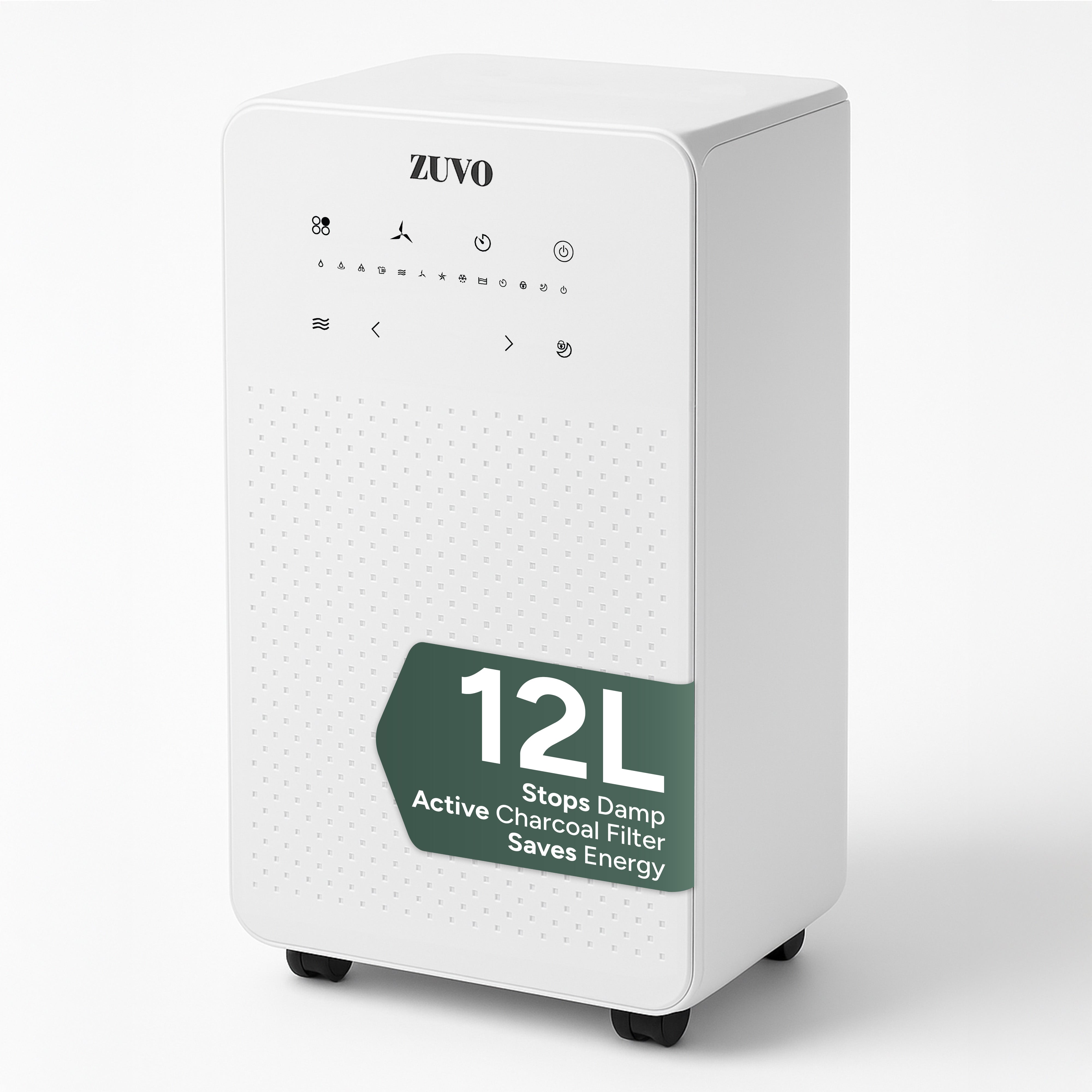 Zuvo 12L Day Dehumidifier with Carbon Filter Low Noise Energy Efficient 2 L Tank Timer Laundry Mode Continuous Drainage