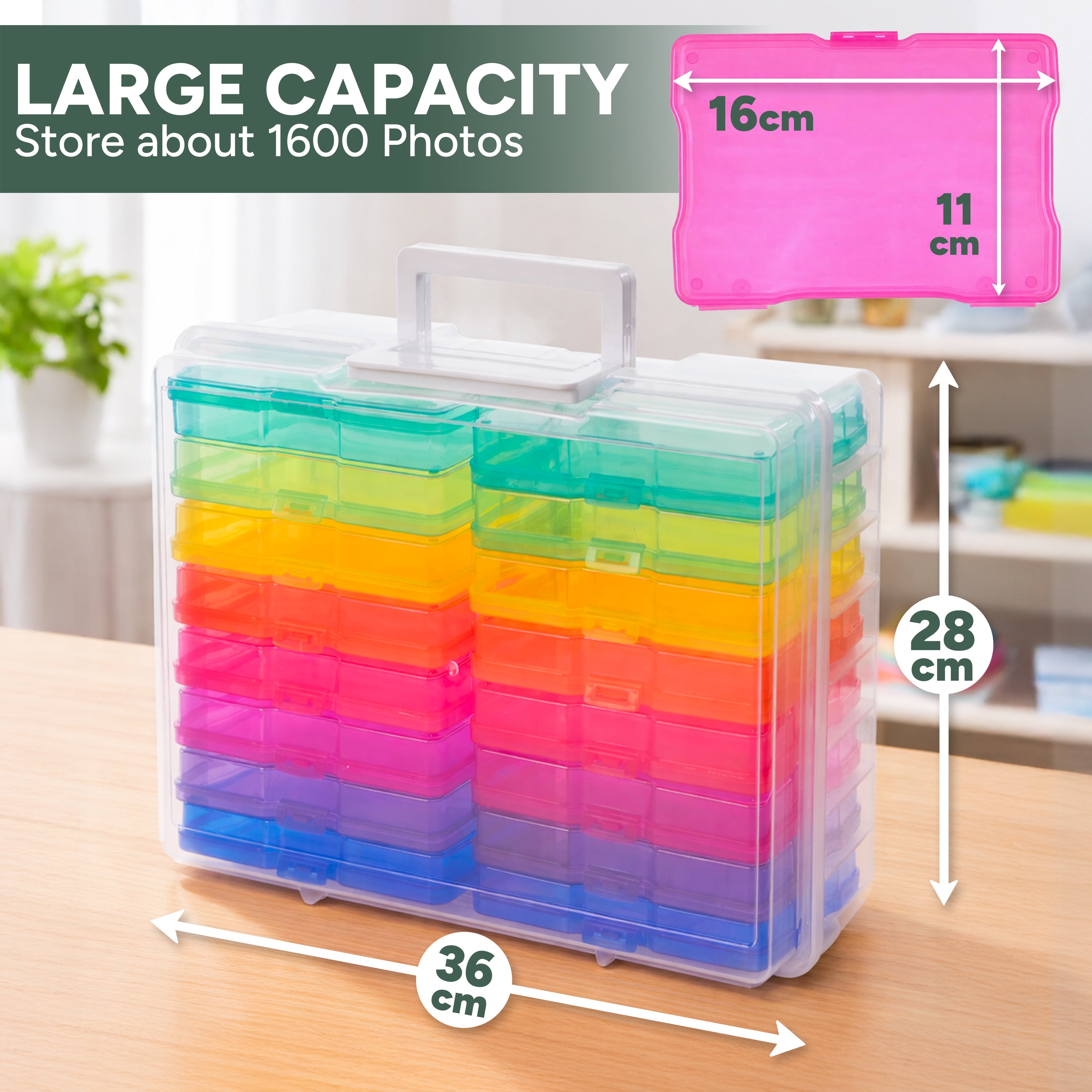 Zuvo Photo Storage Box with 16 Coloured Cases and Removable Dividers