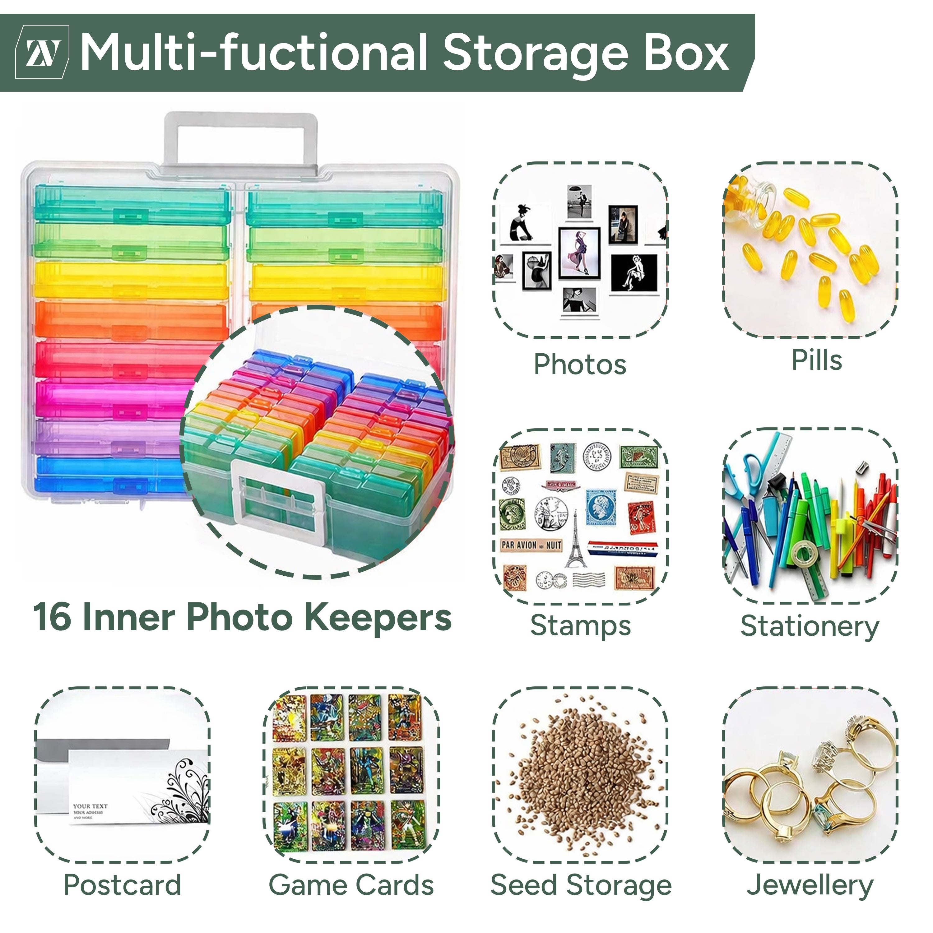 Zuvo Photo Storage Box with 16 Coloured Cases and Removable Dividers