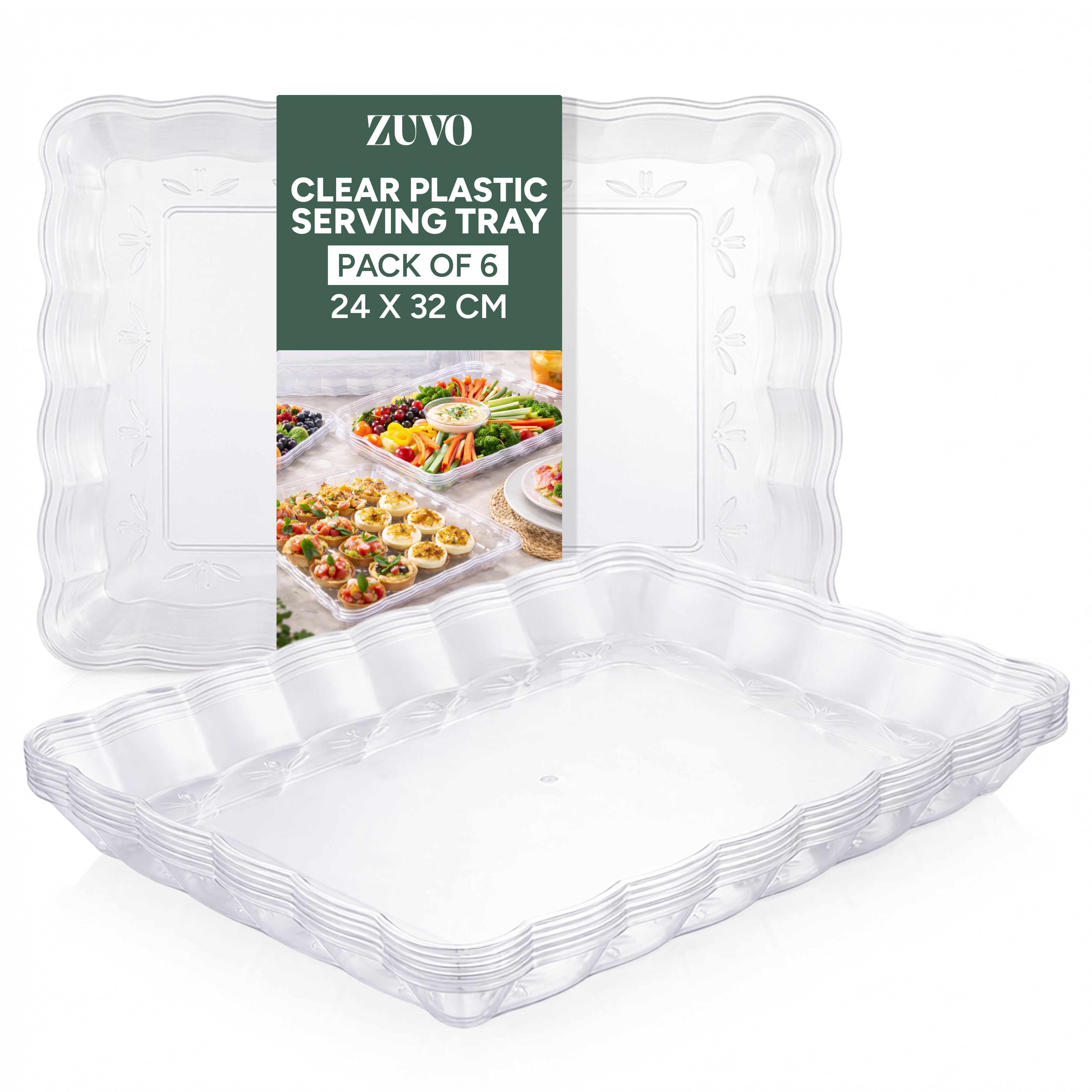 Zuvo Reusable Plastic Serving Trays for Party Food & Buffet Tables | Pack of 6 (32x24 cm)