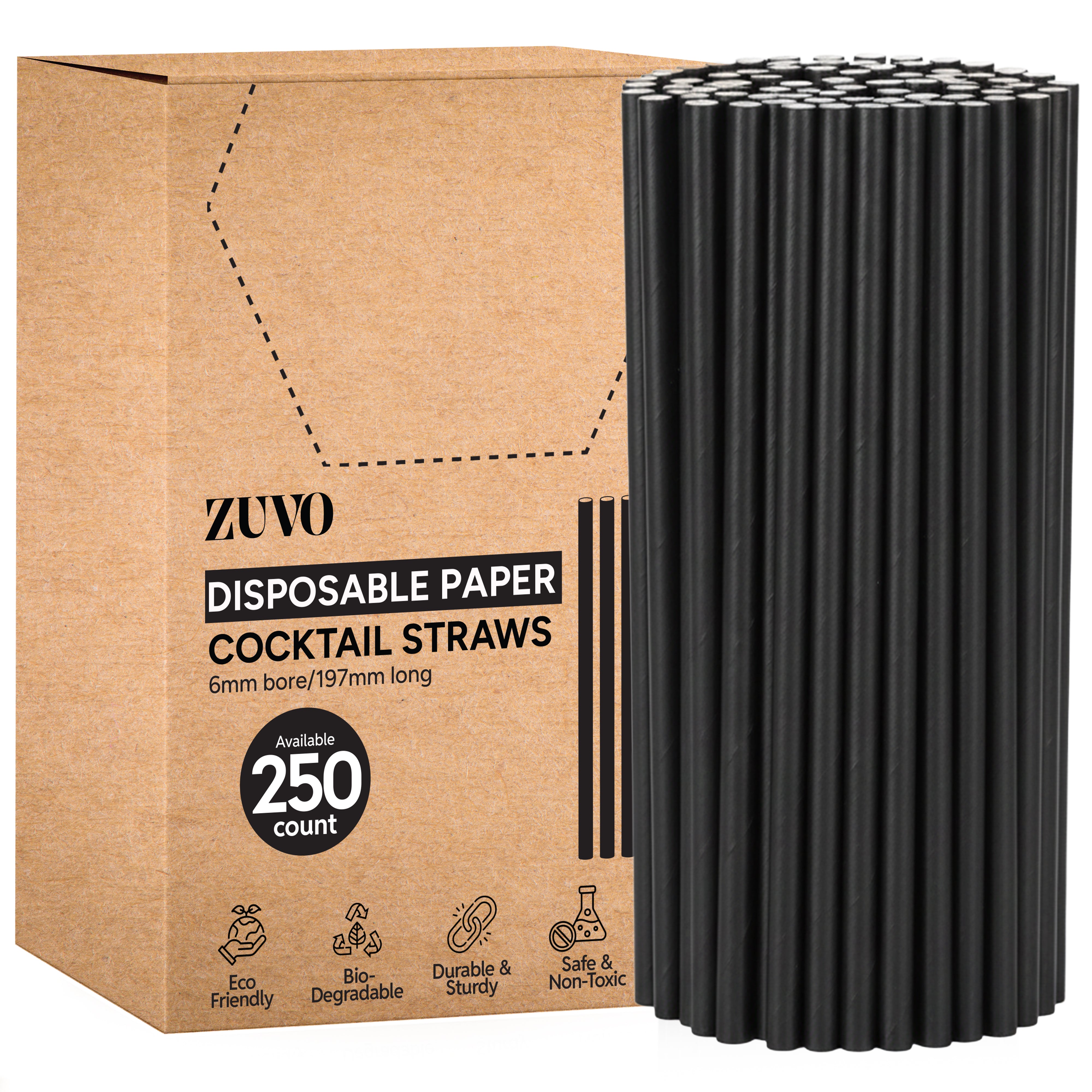 Zuvo Black Paper Straws 250 Pack Eco-Friendly Disposable Cocktail Straws