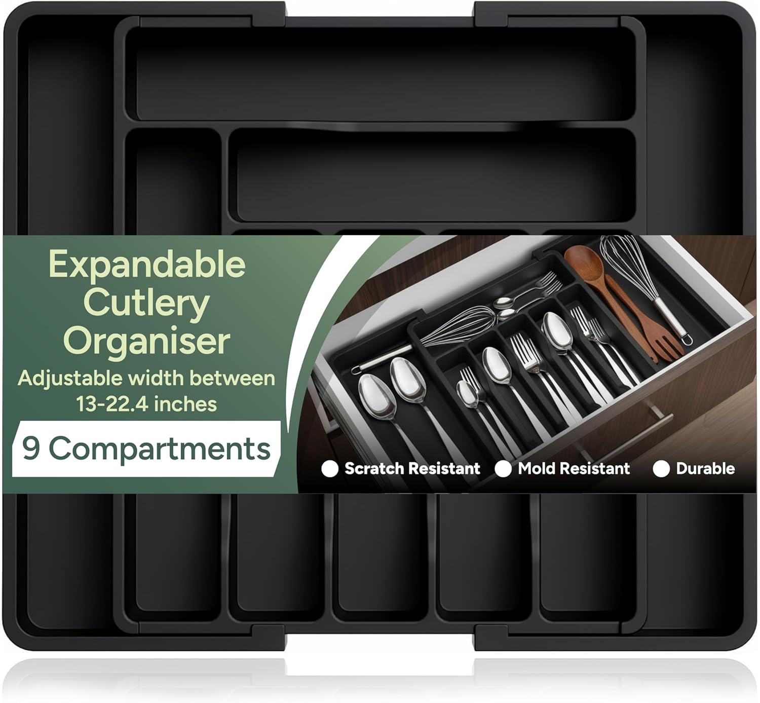 Zuvo Expandable Cutlery Organiser Large Black Plastic Tray for Kitchen