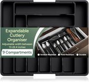 Zuvo Expandable Cutlery Organiser Large Black Plastic Tray for Kitchen