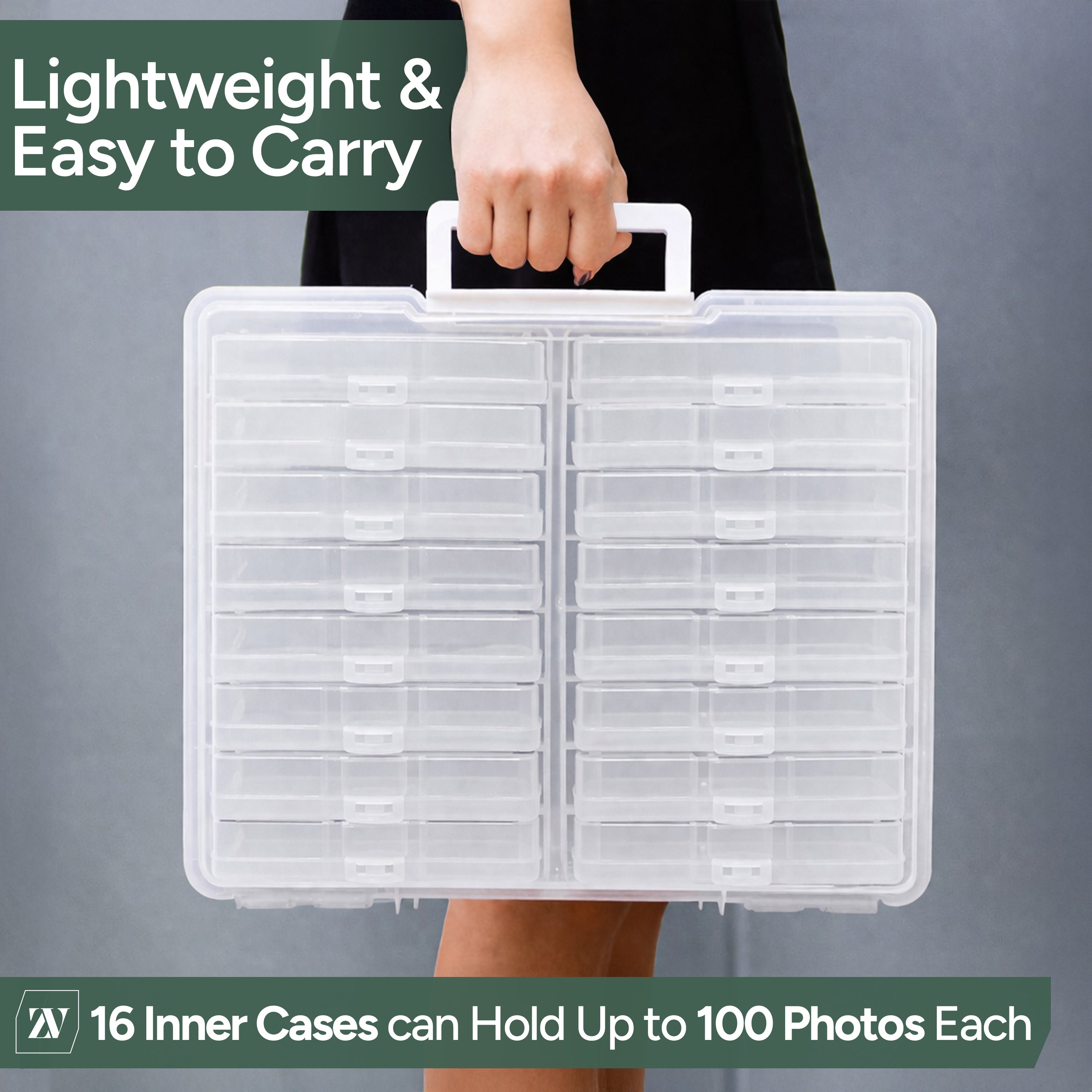 Zuvo Plastic Photo Storage Box with 16 Cases and Removable Dividers