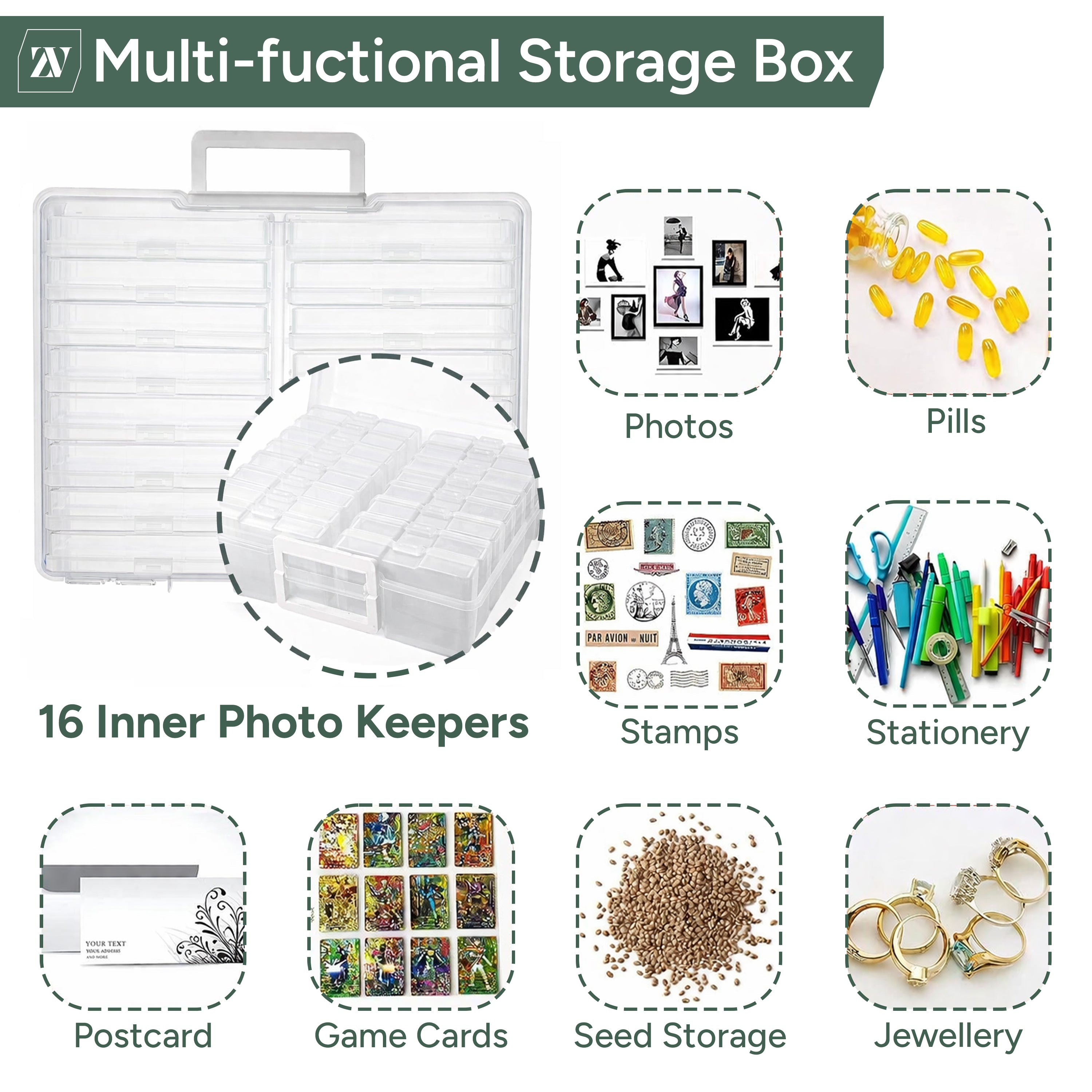 Zuvo Plastic Photo Storage Box with 16 Cases and Removable Dividers