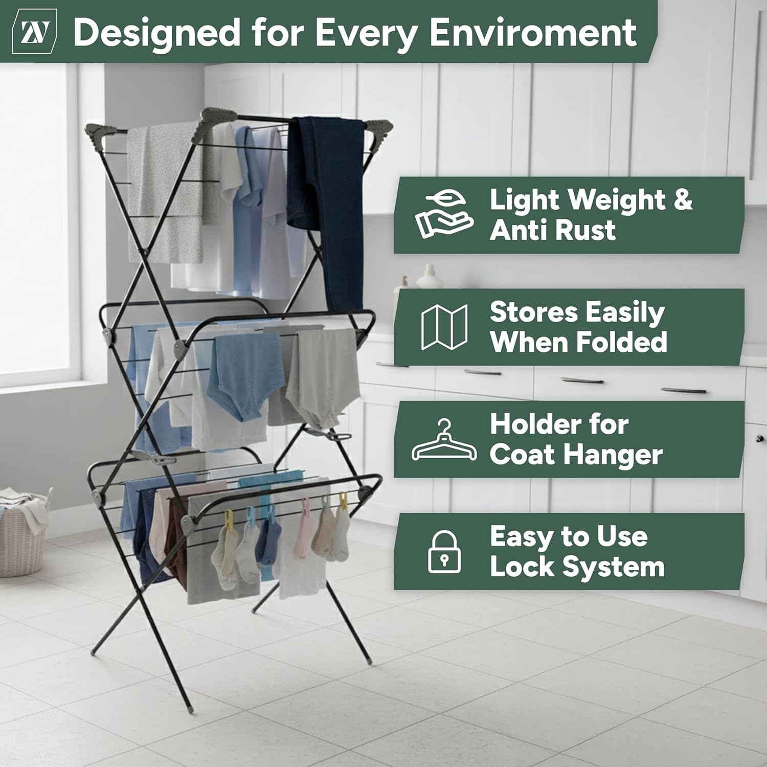 Zuvo Heavy Duty 3 Tier Clothes Airer Folding Drying Rack | Freestanding Laundry Stand for Home & Flat