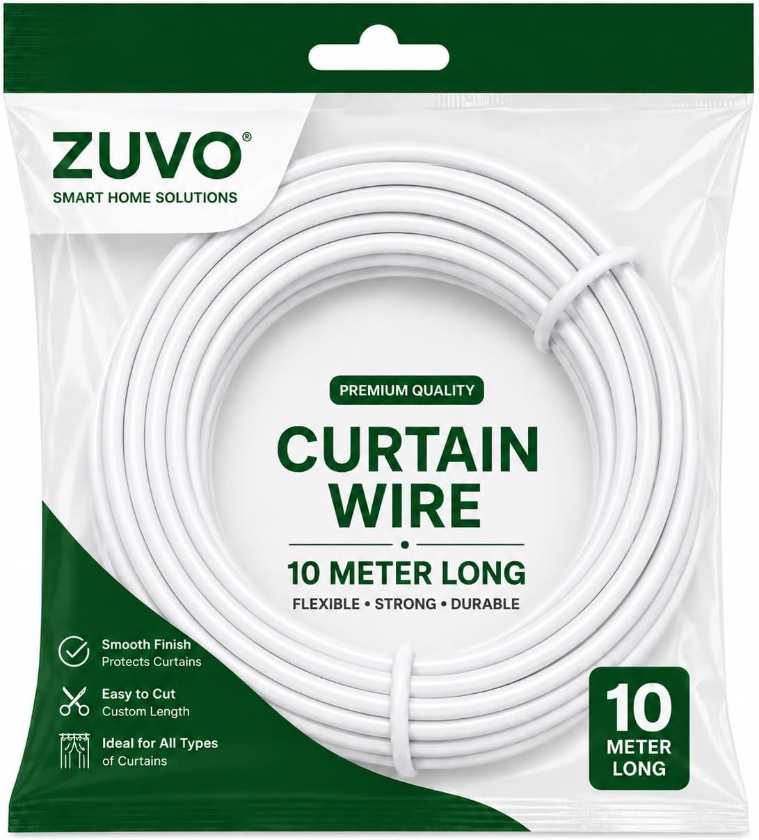 Zuvo Net Curtain Wire Kit, 10m White, 20 Hooks & Eyes, 5 Windows