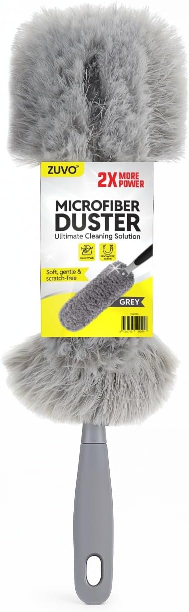 Zuvo Microfibre Duster for Cleaning, Washable Detachable Head, Fluffy Brush | For blinds, ceiling fans, furniture, electronics, skirting boards, machine washable head, bendable, soft-grip handle