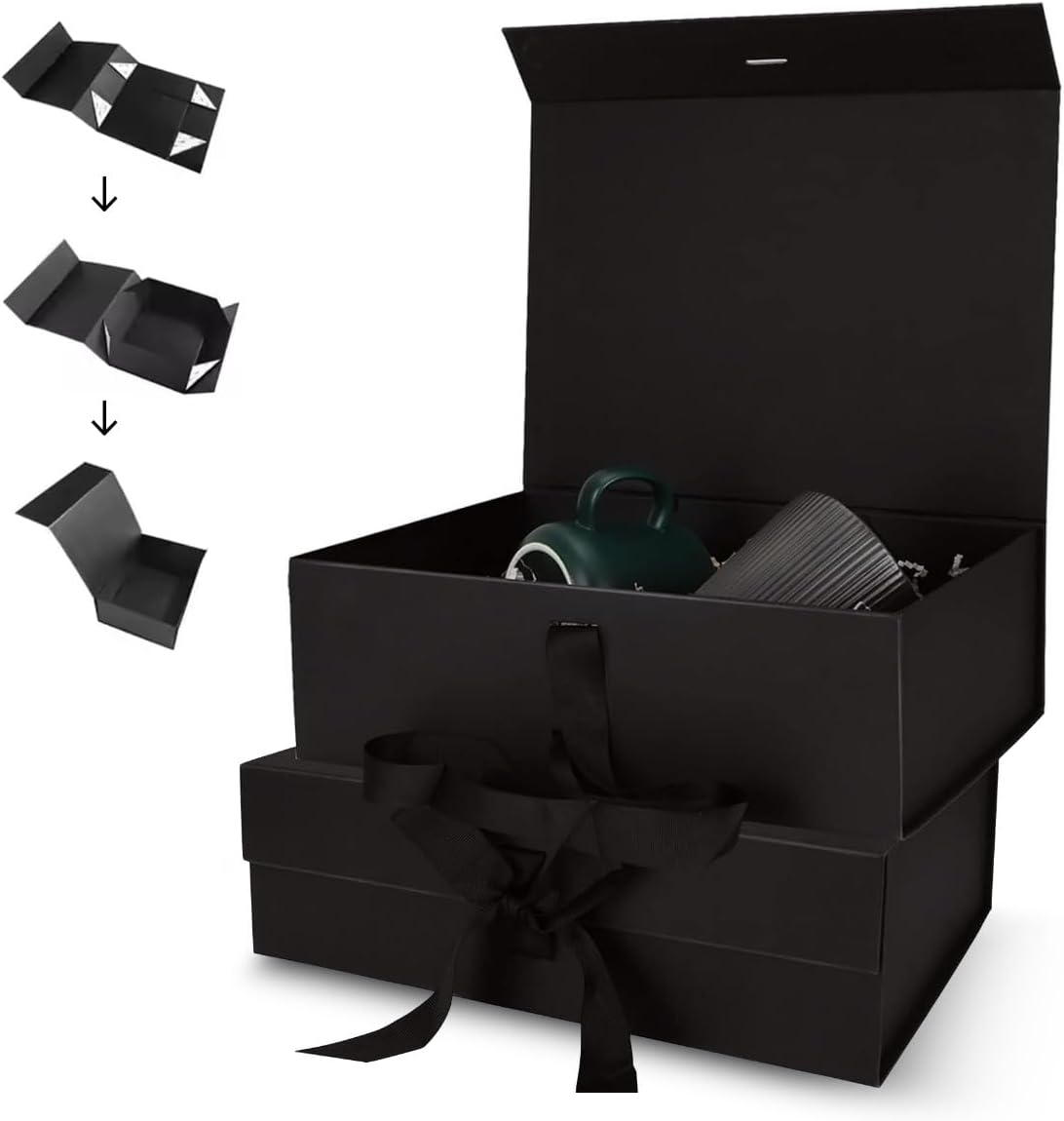Black Magnetic Gift Box with Ribbon - Elegant Gift Box for Weddings, Birthdays, and Anniversaries - Premium Quality, 22x16x9 CM - 2 Pack