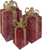 Zuvo Set of Three Light Up Decorative Coloured Christmas Parcel Set with Bow Indoor Outdoor Decoration Xmas Lights (Red Gold)
