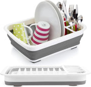 Zuvo - Collapsible Dish Drainer - Foldable Sink Drying Rack with Cutlery Divider - Compact Washing-Up Organiser for Plates, Cups and Bowls -Ideal for Kitchen, Grey