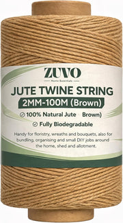 Zuvo Jute Twine 100m - Natural Garden String, 2mm 3-Ply Brown,Biodegradable | Low-Odour Colourfast Jute, Crafts, Gift Wrapping, Floristry, Climbing Plants
