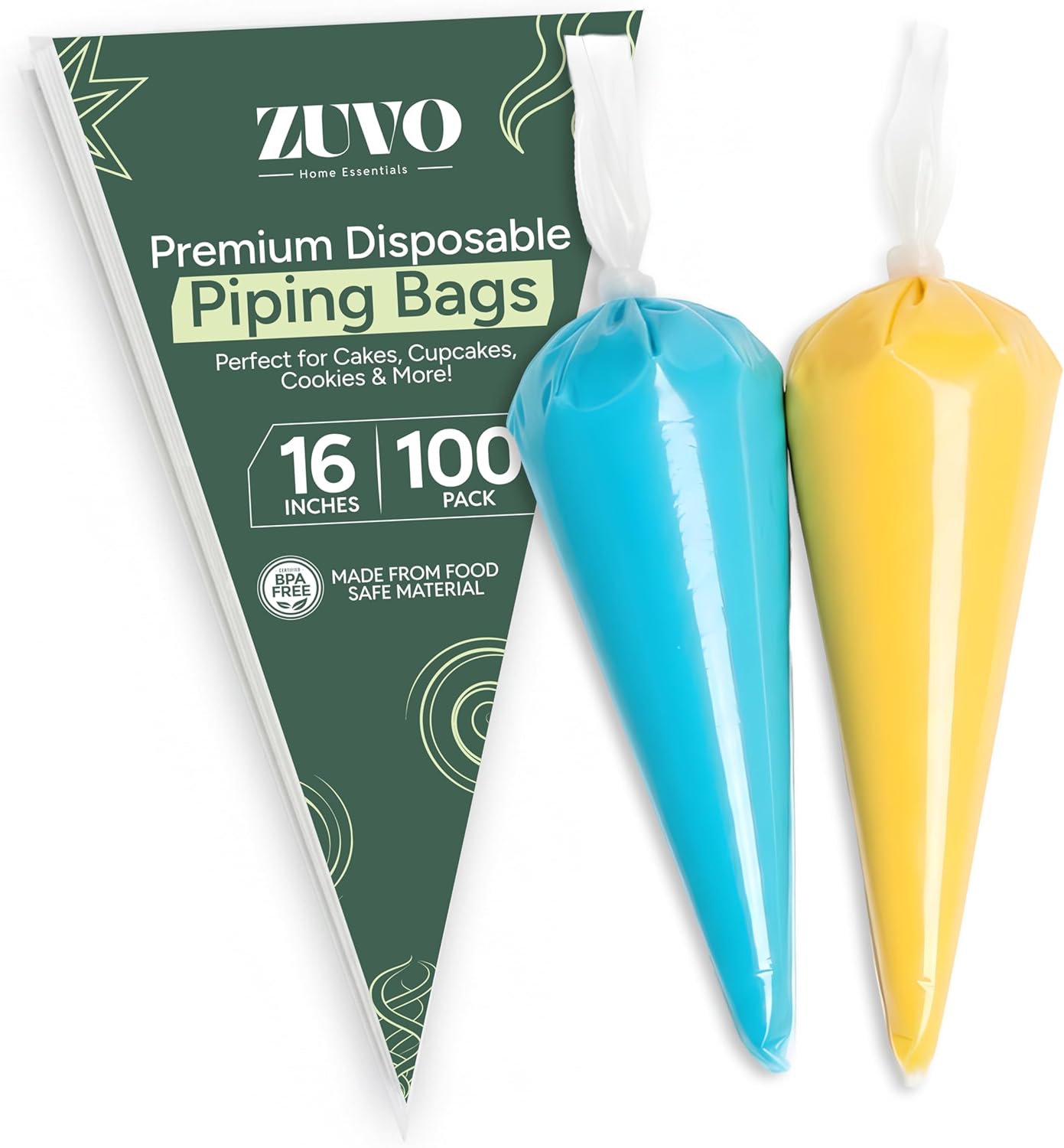 Zuvo Disposable Piping Bags (100 Pack – 16 inches) | Thick Transparent Tipless Icing Bags | Non-Slip, Burst-Proof, Food-Grade Pastry Bags for Decorating Cakes, Cupcakes, Biscuits & Pastries