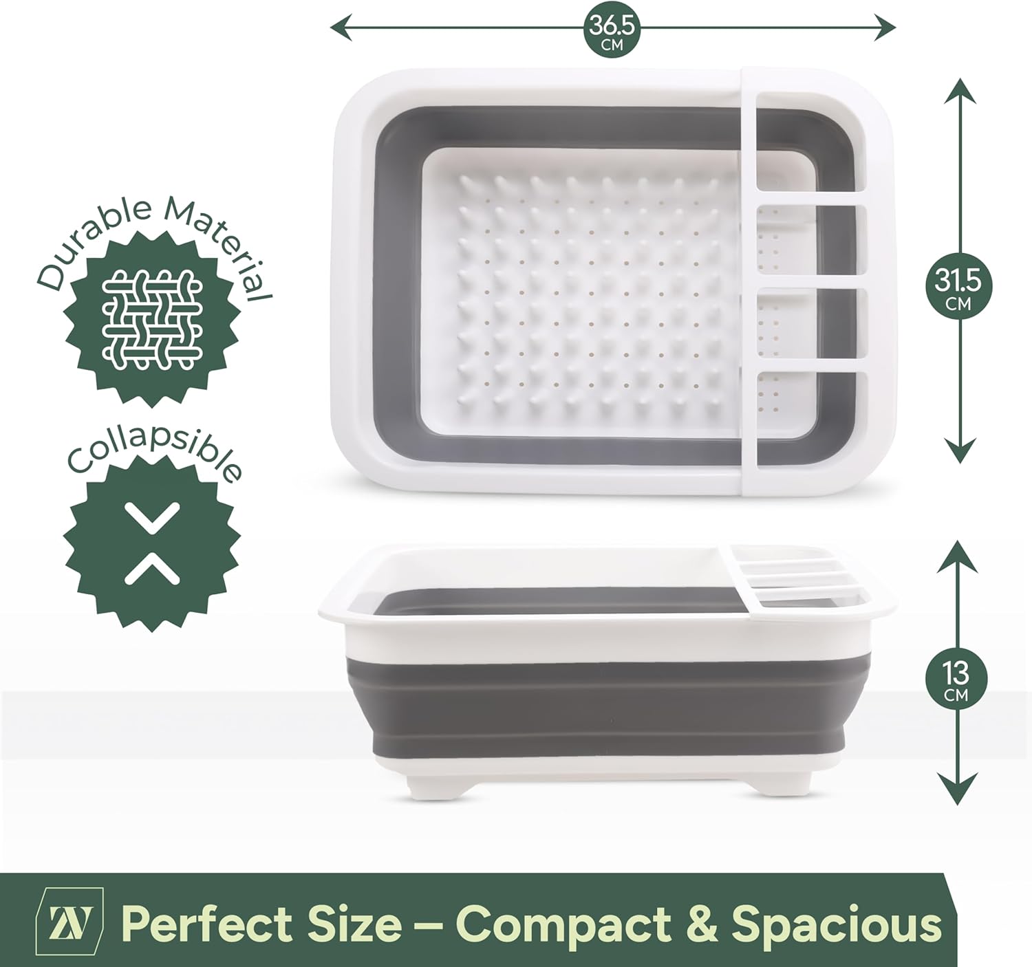 Zuvo - Collapsible Dish Drainer - Foldable Sink Drying Rack with Cutlery Divider - Compact Washing-Up Organiser for Plates, Cups and Bowls -Ideal for Kitchen, Grey