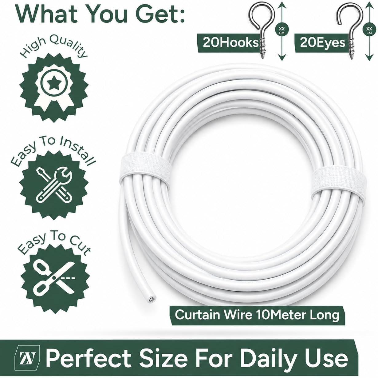 Zuvo Net Curtain Wire Kit, 10m White, 20 Hooks & Eyes, 5 Windows