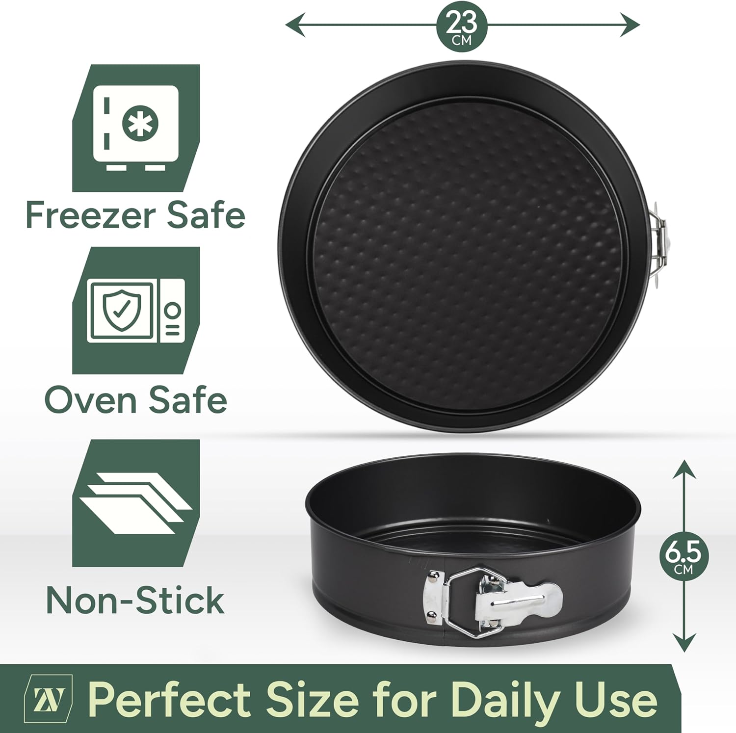 Zuvo Springform Cake Tin 9 Inch/23cm, Non-Stick Round Baking Pan Loose Base | Carbon Steel, Cheesecake Tin, Easy Clip Release, Oven/Fridge/Freezer Safe, Leak-Resistant, 23cm/9in Round Cake Tin for Baking