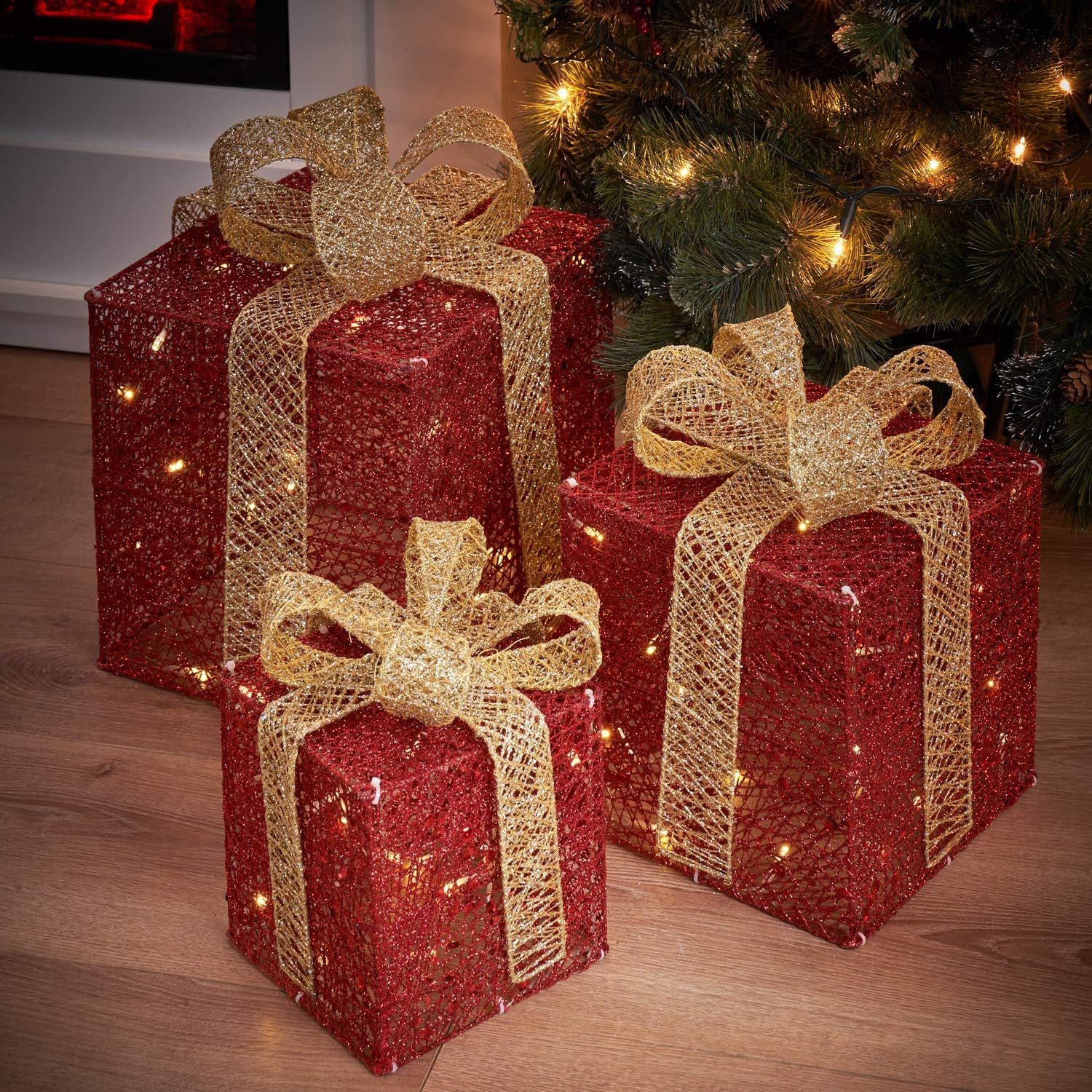 Zuvo Set of Three Light Up Decorative Coloured Christmas Parcel Set with Bow Indoor Outdoor Decoration Xmas Lights (Red Gold)