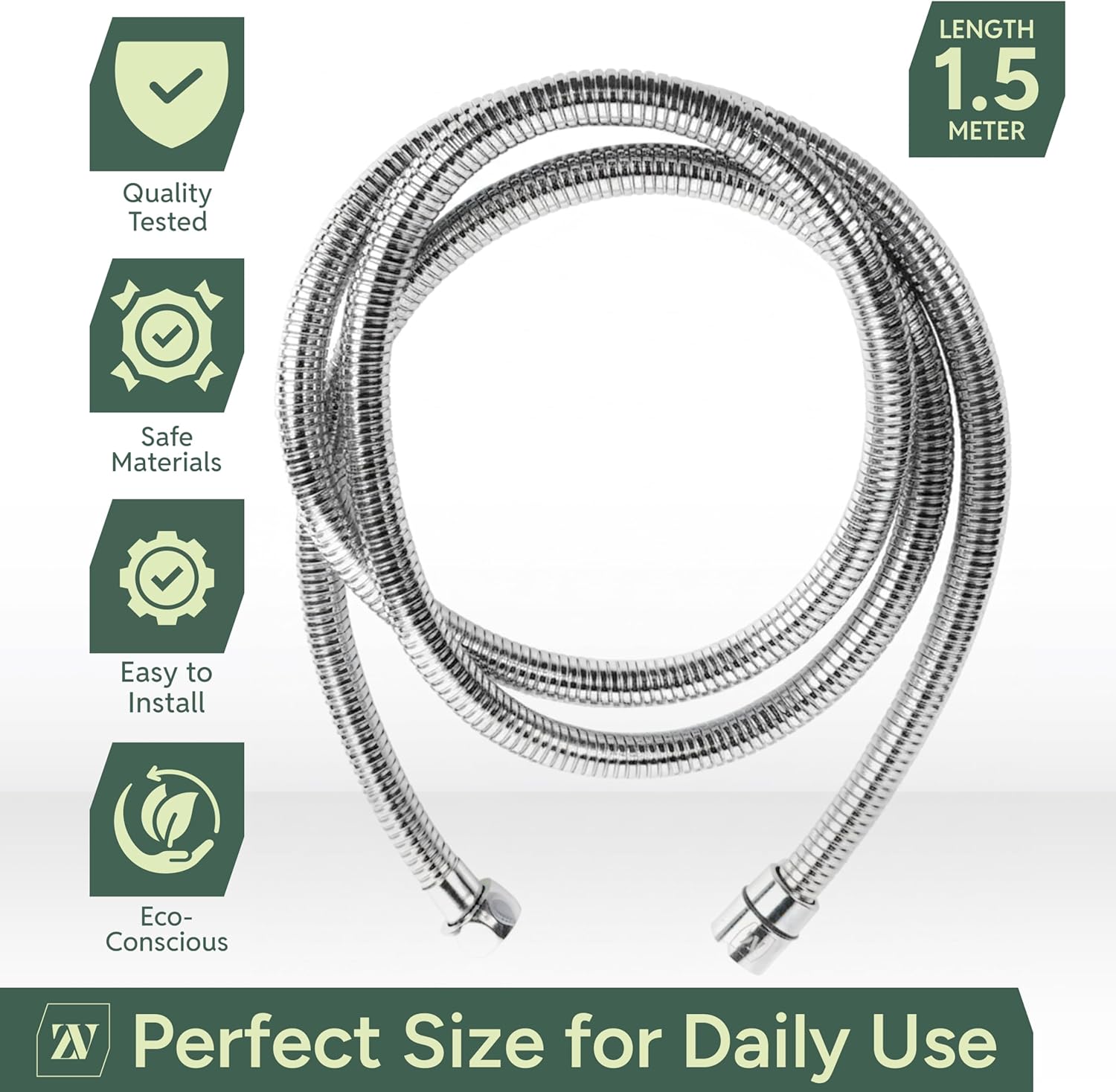 Zuvo Shower Hose 1.5m - Stainless Steel Anti-Kink Replacement Shower Pipe with Brass Connectors | Chrome Flexible Hose for Bath Taps | Universal G1/2” Fit