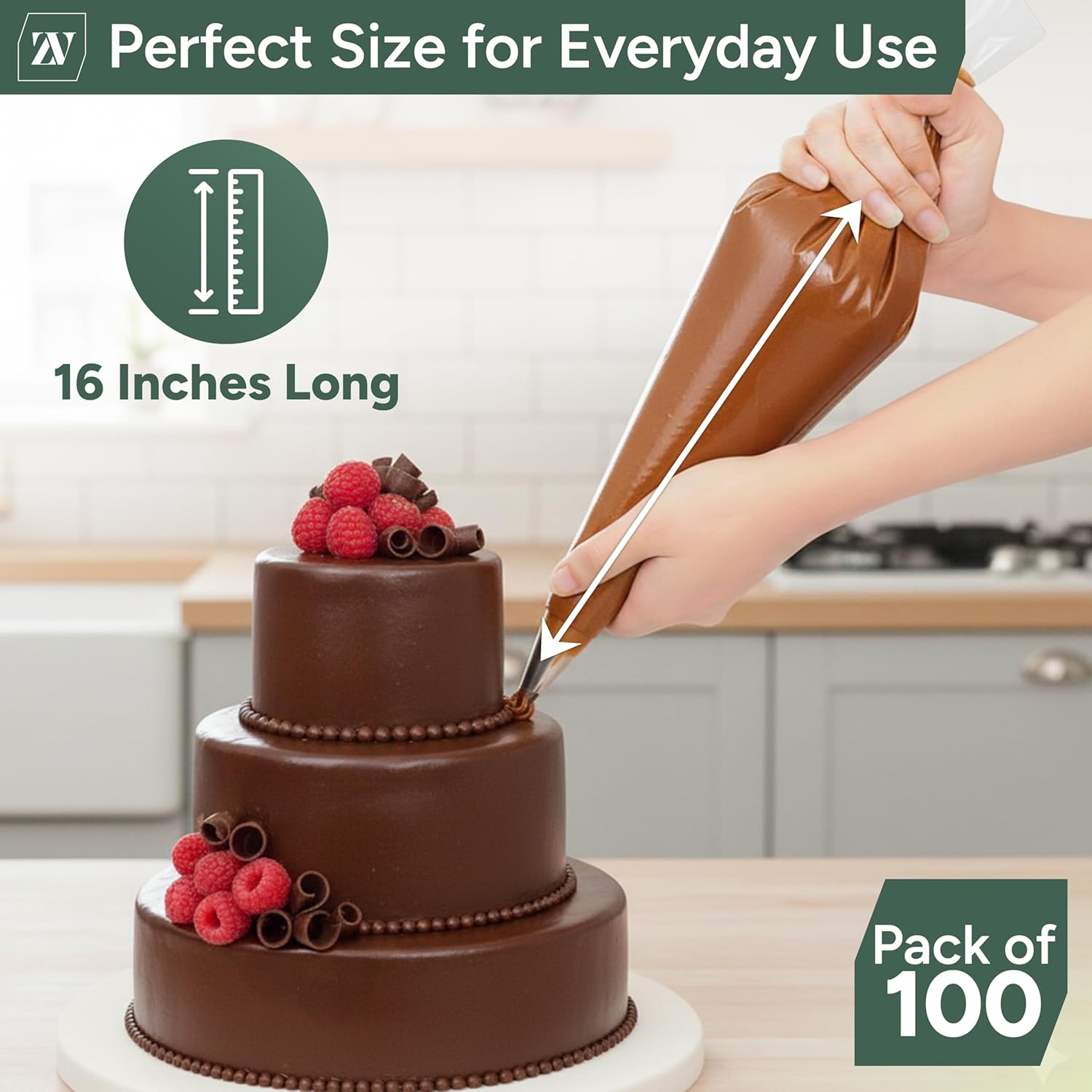 Zuvo Disposable Piping Bags (100 Pack – 16 inches) | Thick Transparent Tipless Icing Bags | Non-Slip, Burst-Proof, Food-Grade Pastry Bags for Decorating Cakes, Cupcakes, Biscuits & Pastries